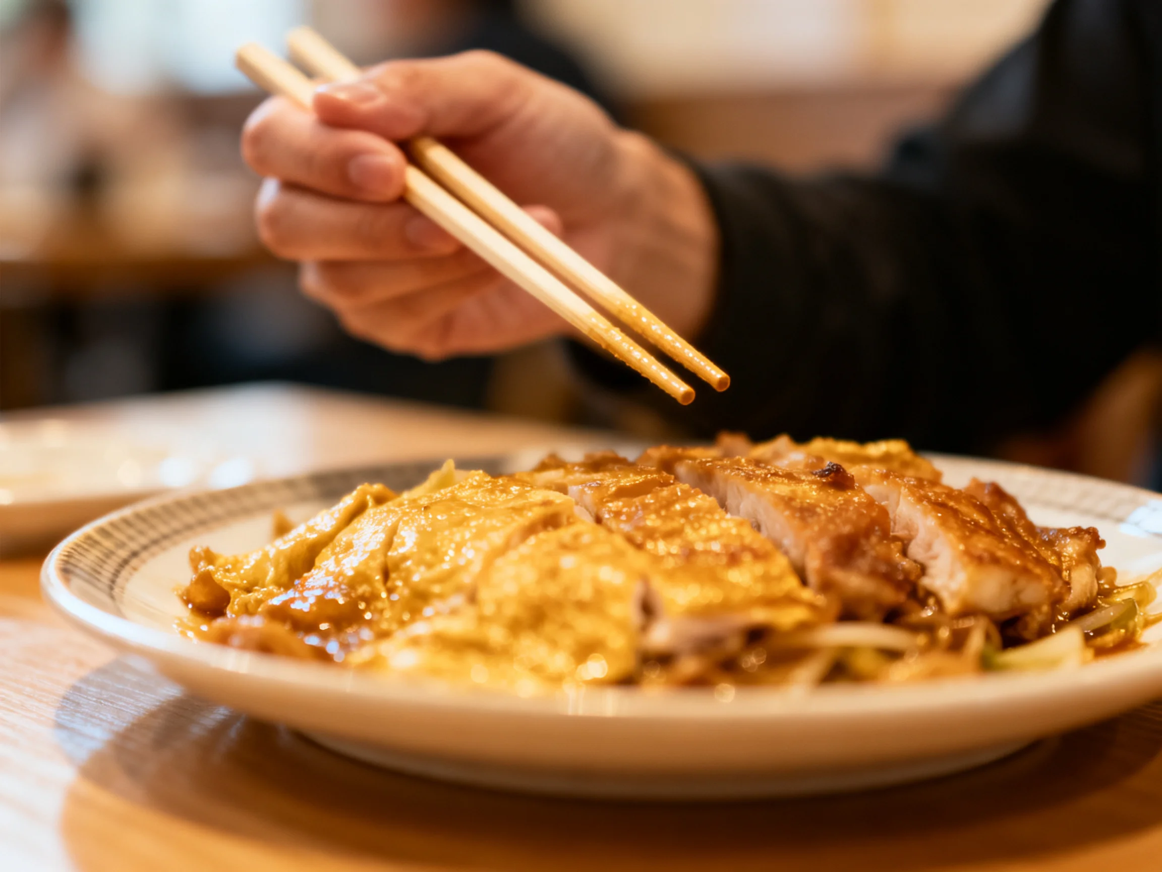 Chopsticks hover over a plate of golden-brown roasted meat and noodles
