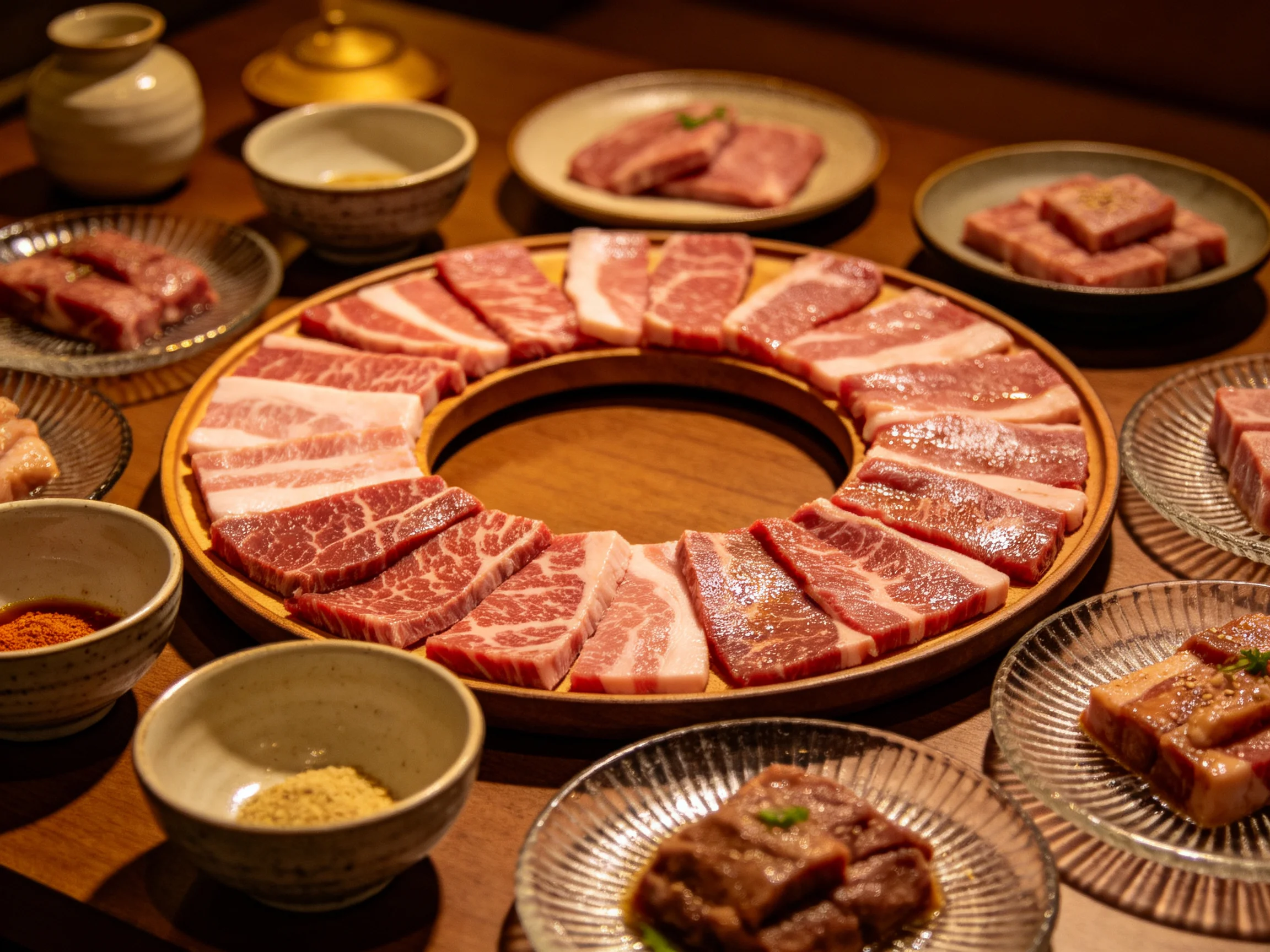 Circular platter of assorted raw meats with spice bowls nearby