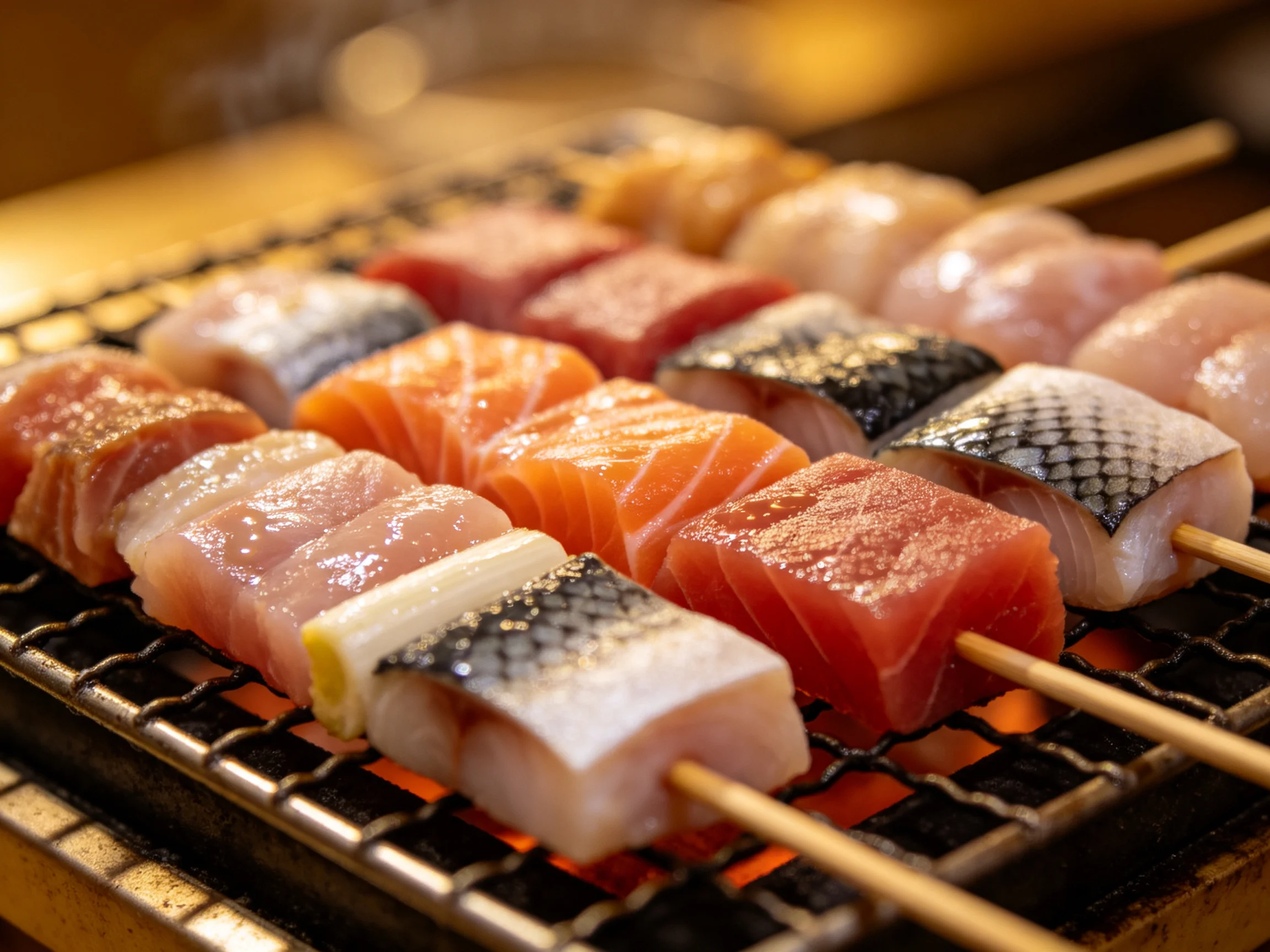 Colorful assorted fish skewers grilled over a hot grill