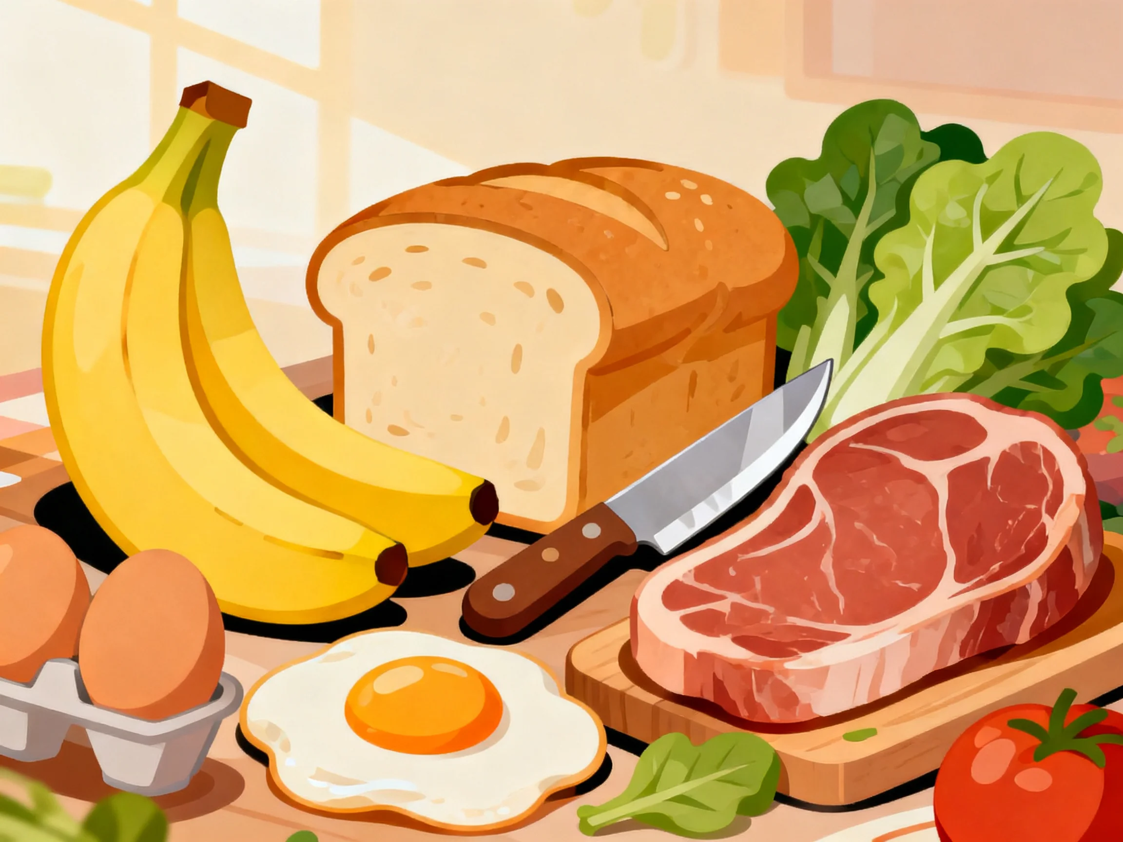 Colorful assortment of food with bananas, bread, and meat