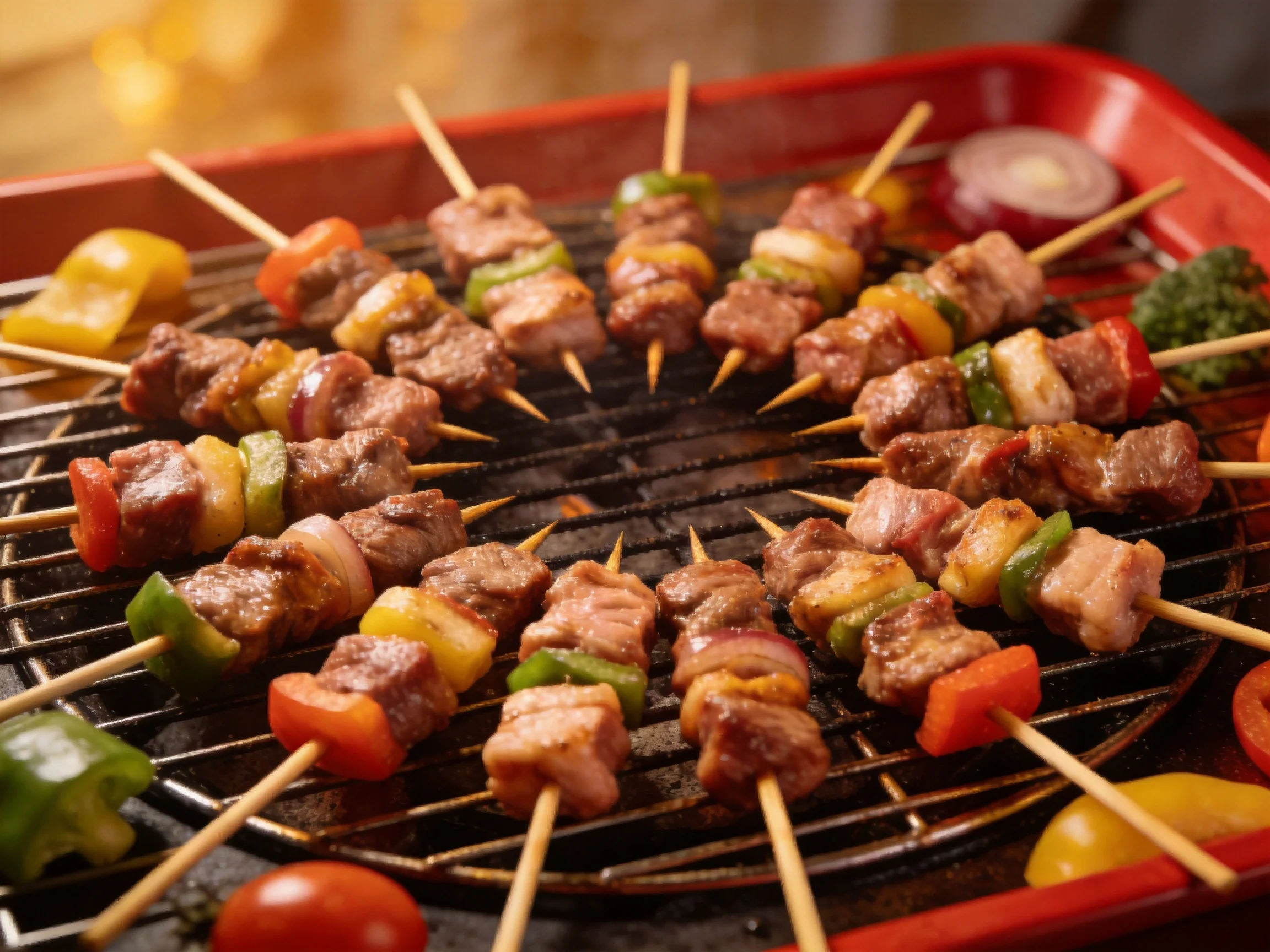 Colorful grilled skewers with meat and peppers on a red tray