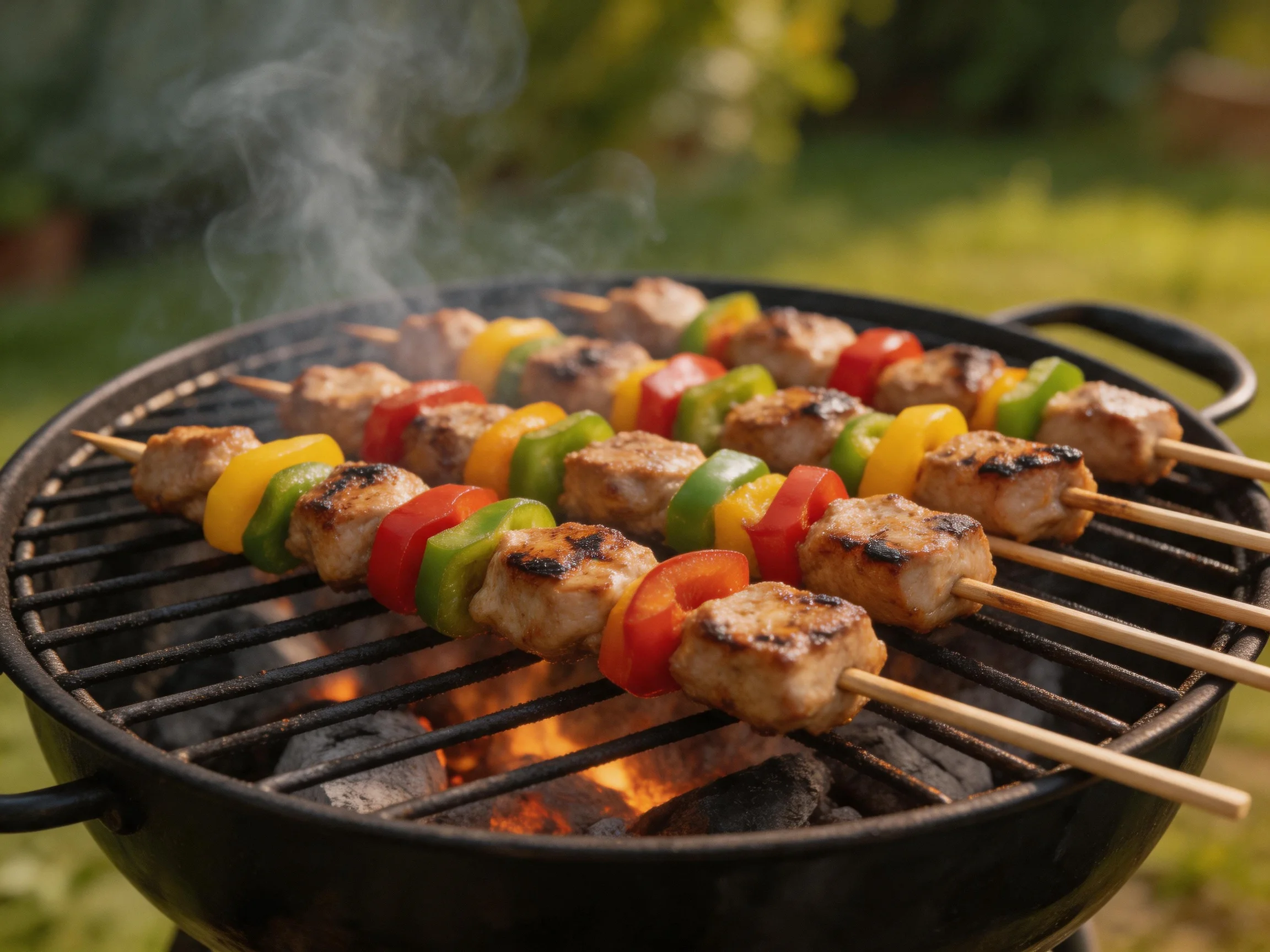 Colorful meat and pepper skewers grilling on a charcoal barbecue