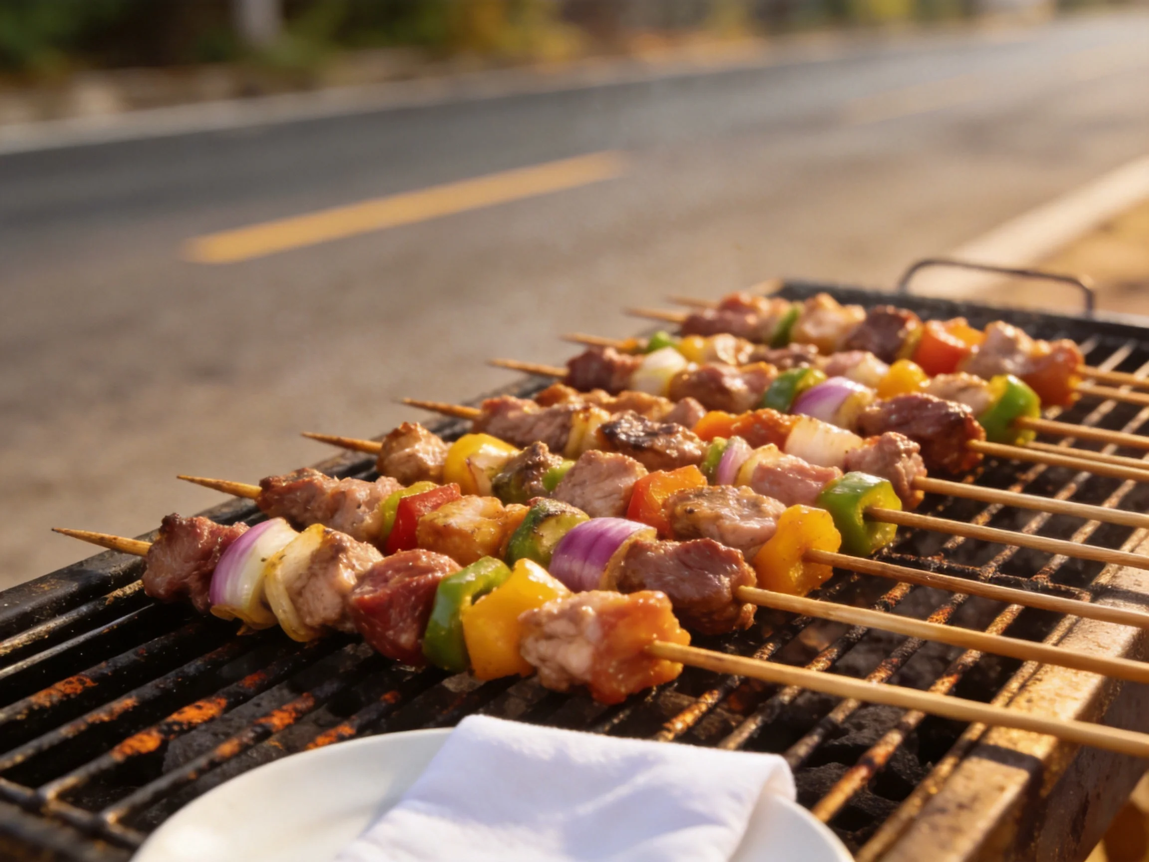 Colorful meat and vegetable skewers grilled on an outdoor barbecue near a road