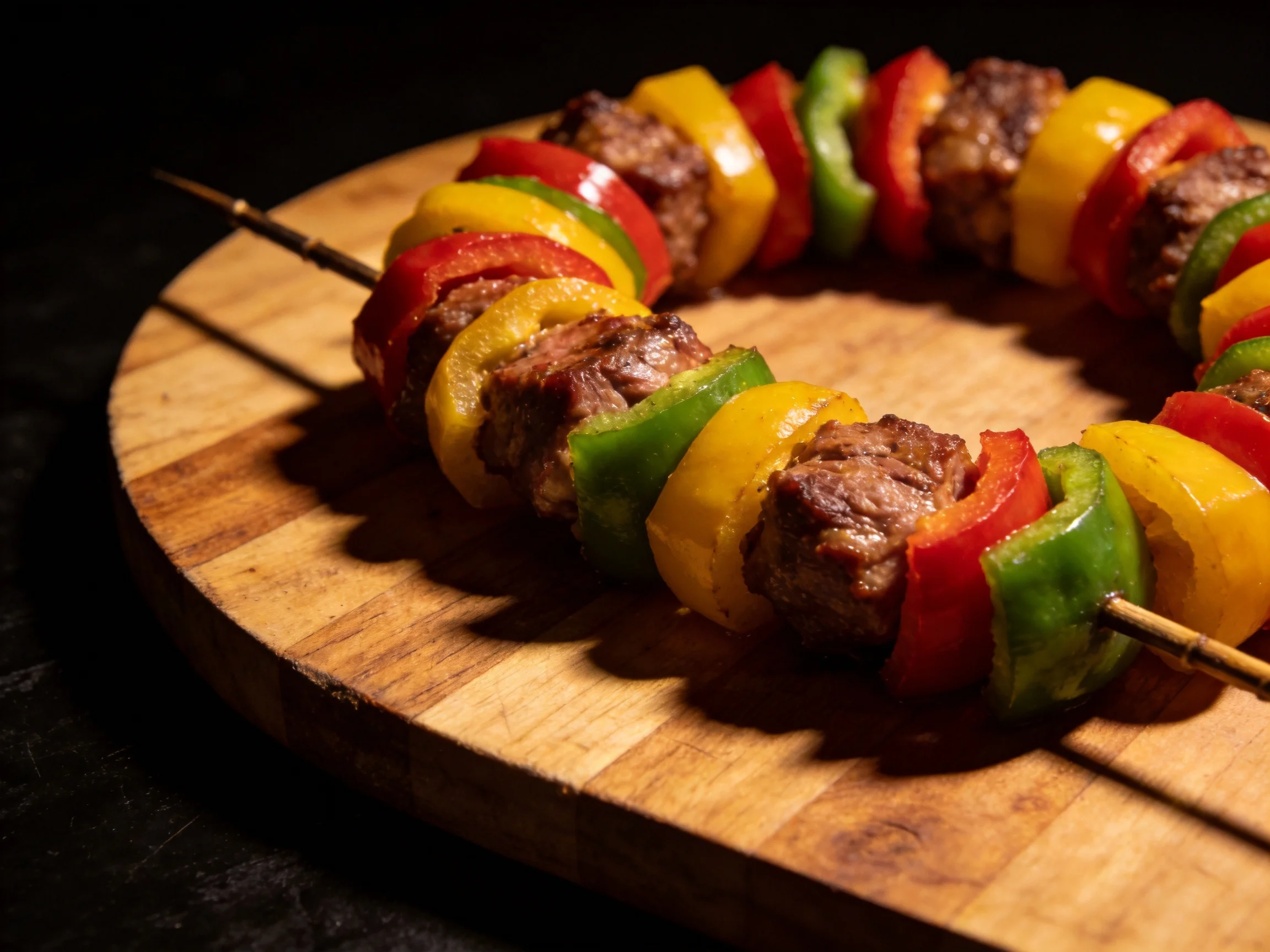 Colorful pepper and meat skewers arranged in a circular pattern on a wooden cutting board