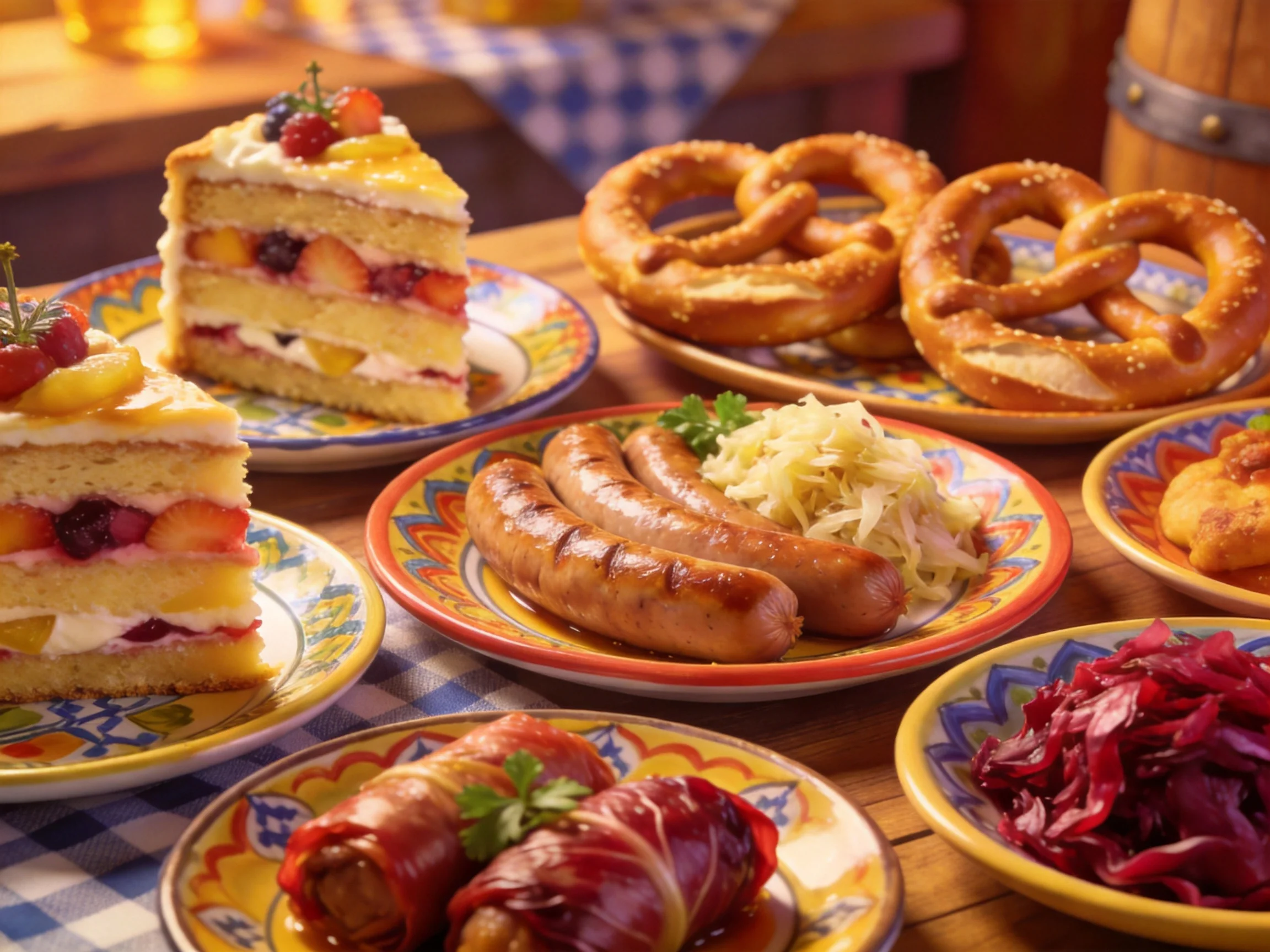 Colorful plates showcase layered fruit cakes, soft pretzels, grilled sausages, and pickled cabbage