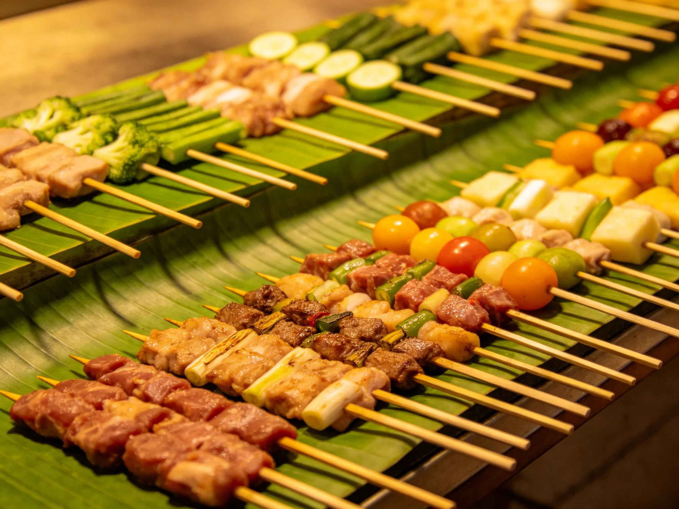 Colorful skewer platter with assorted vegetables, meats, and fruits