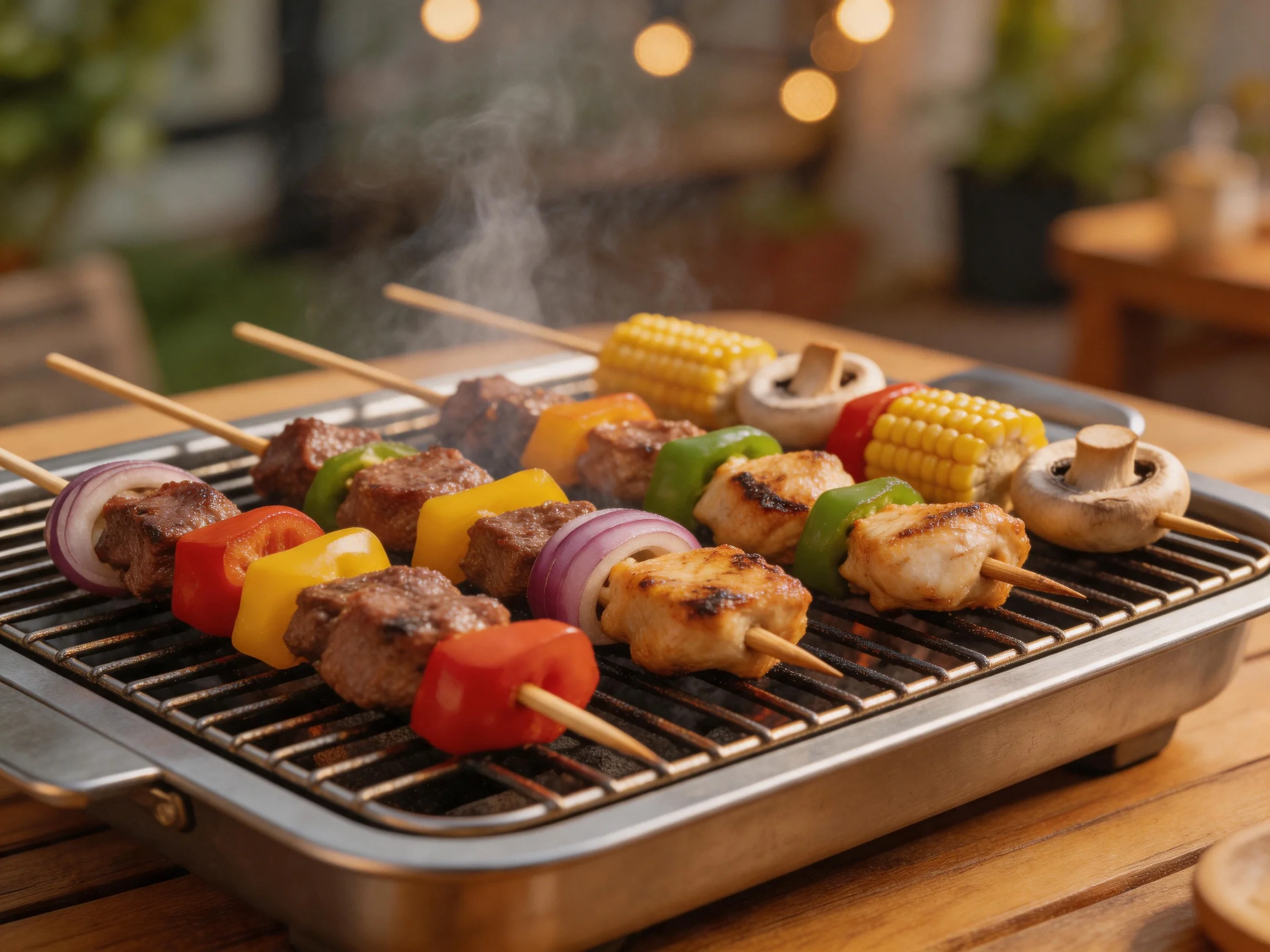 Colorful skewers of meat, veggies, corn grill on an electric outdoor stove.