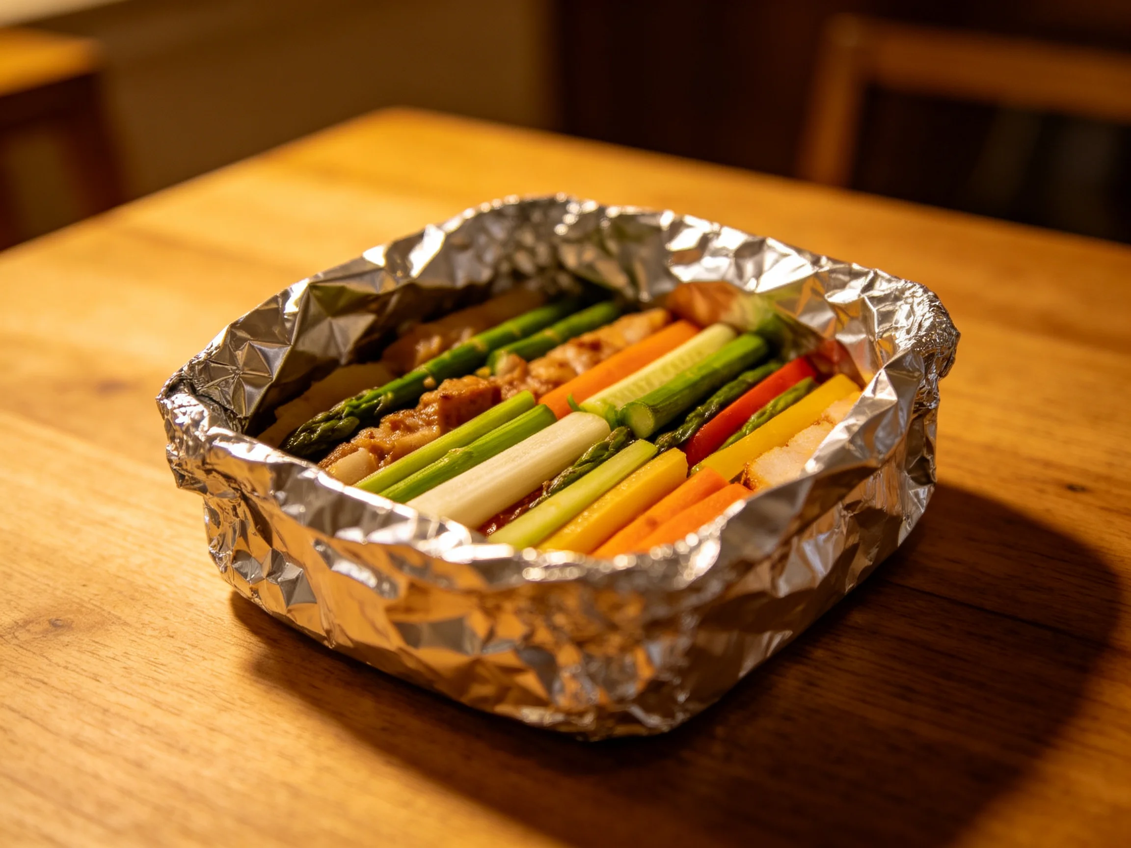 Colorful vegetable and meat dish in aluminum foil