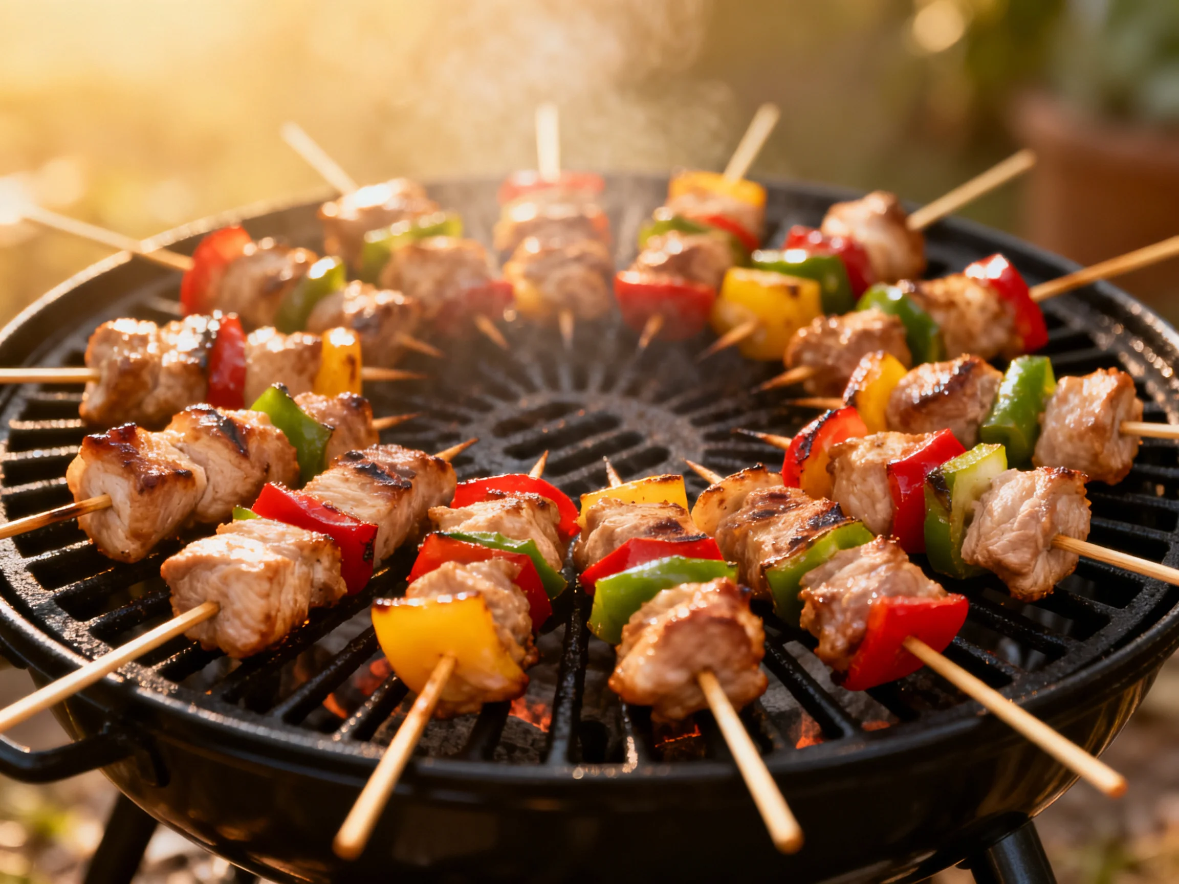 Colorful vegetable and meat skewers grilled outdoors on a barbecue