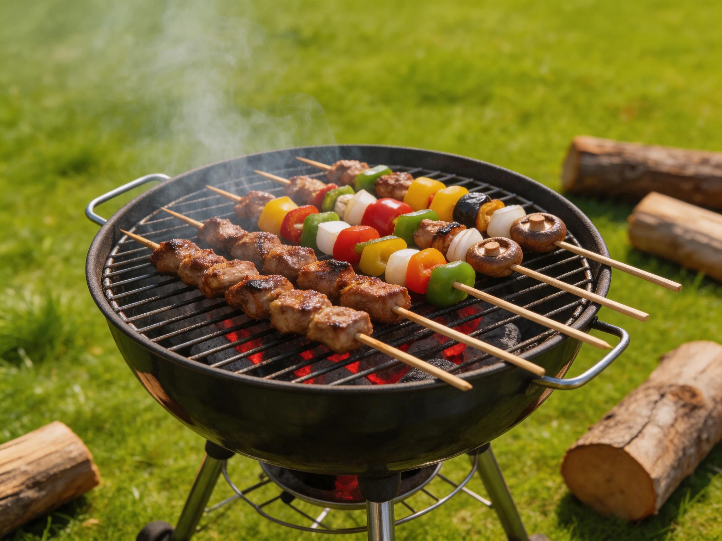 Colorful vegetable and meat skewers sizzling on a charcoal grill