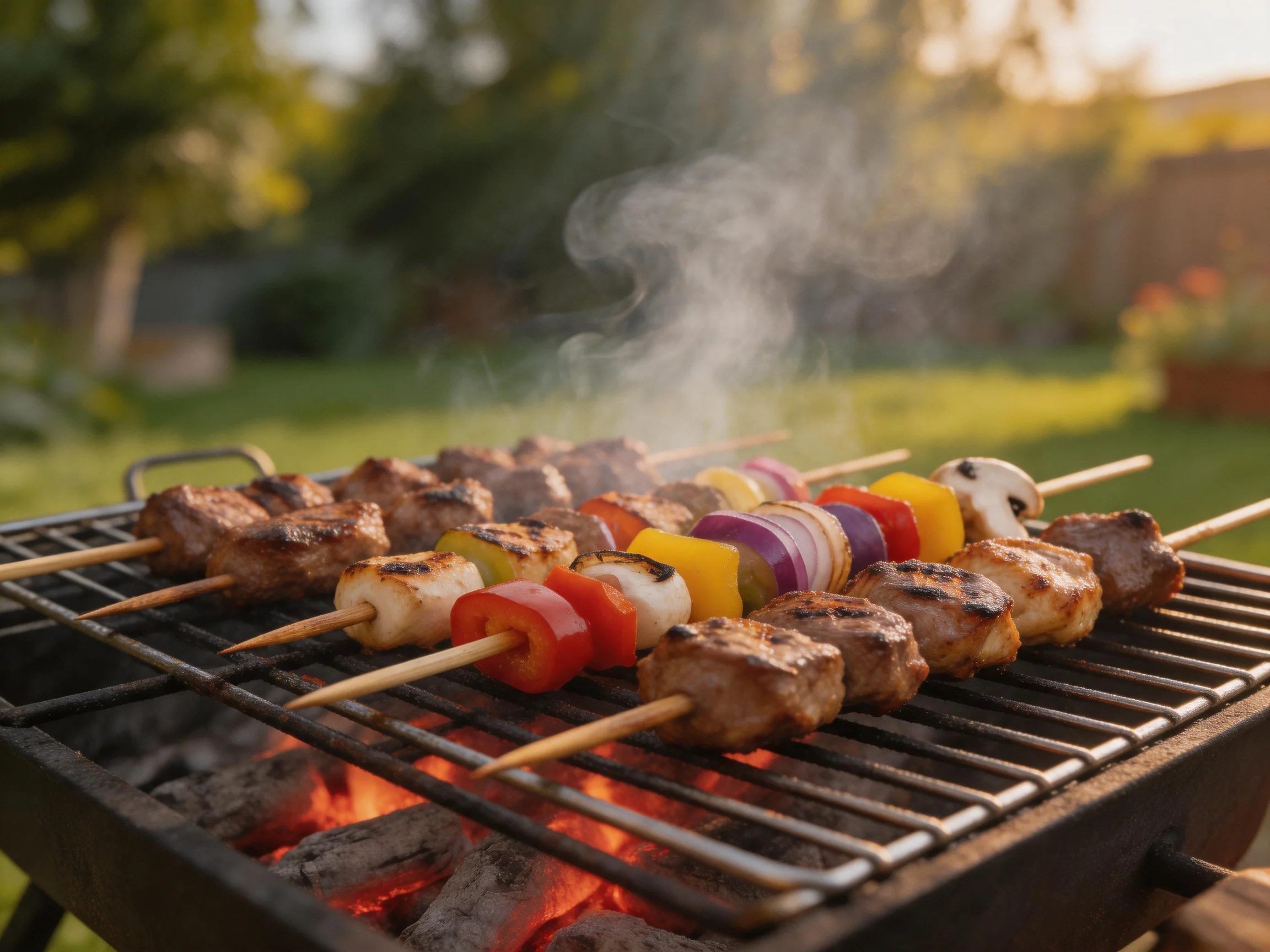 Colorful veggie and meat skewers grilling over charcoal in a sunny yard