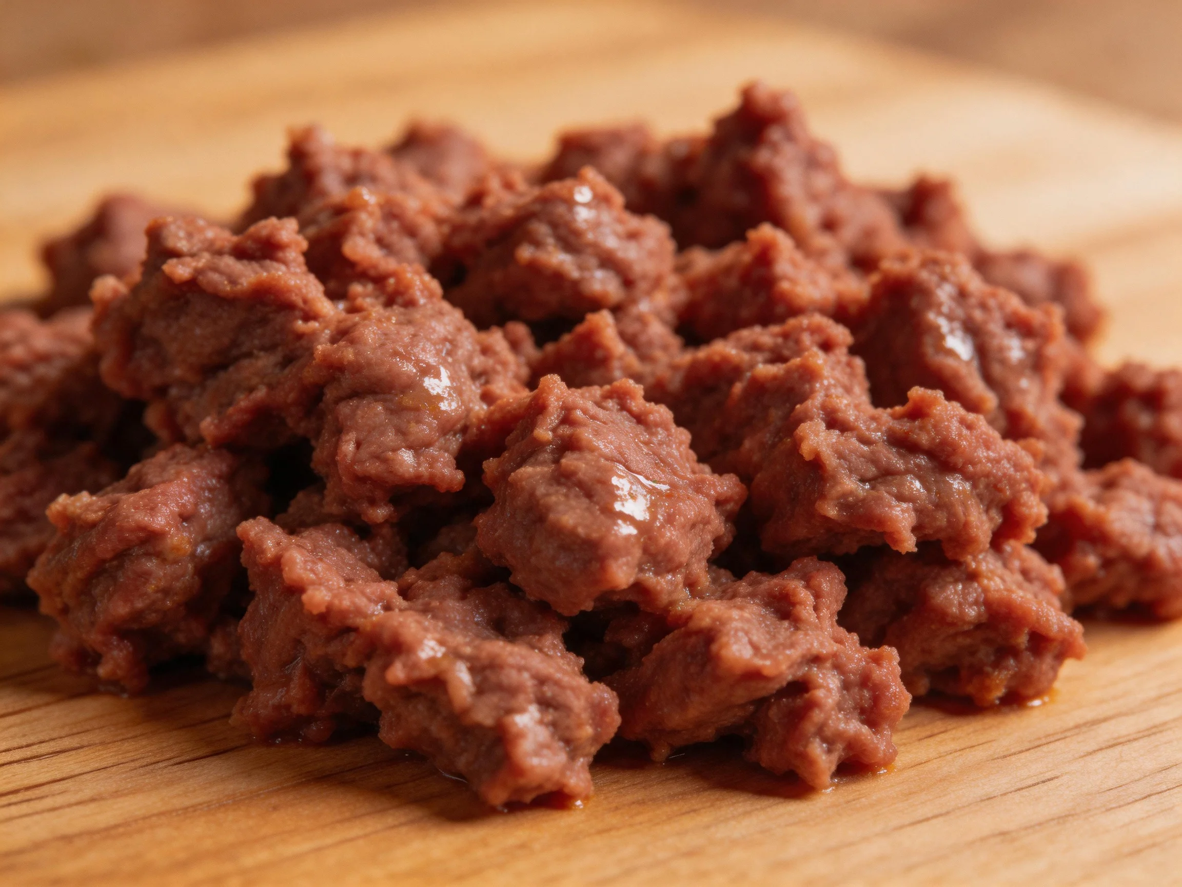 Cooked brown meat chunks displayed on a wooden board