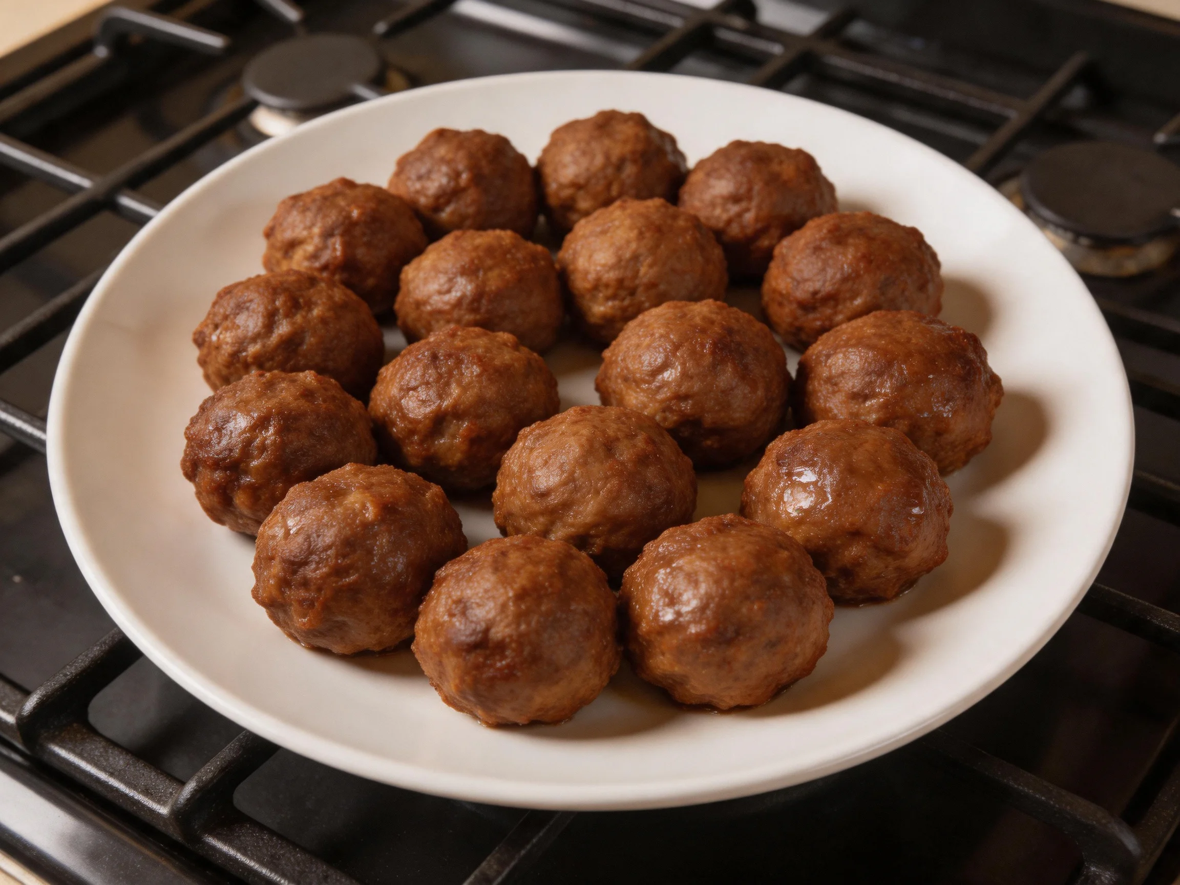 Cooked brown meatballs arranged on a white plate over a stove