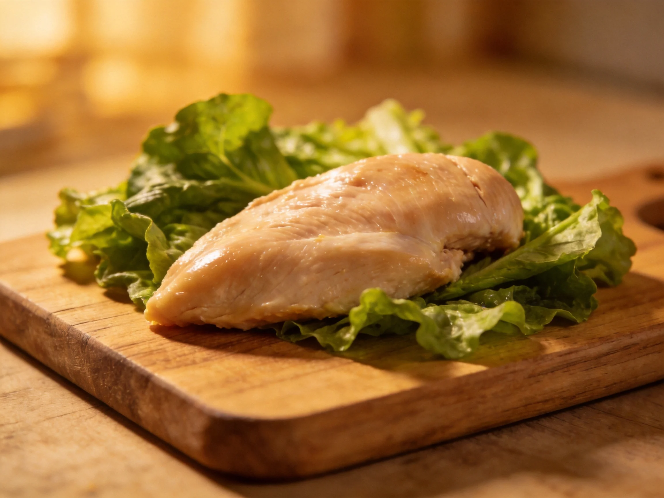 Cooked chicken breast resting on fresh green lettuce on a wooden cutting board