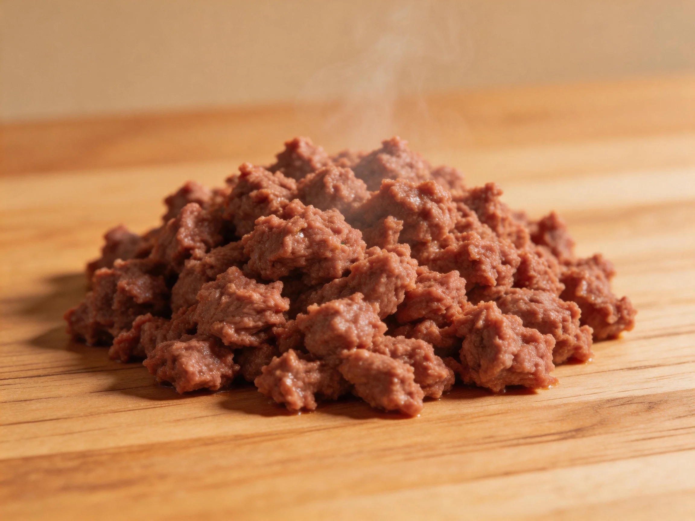 Cooked ground meat piled high on a wooden cutting board