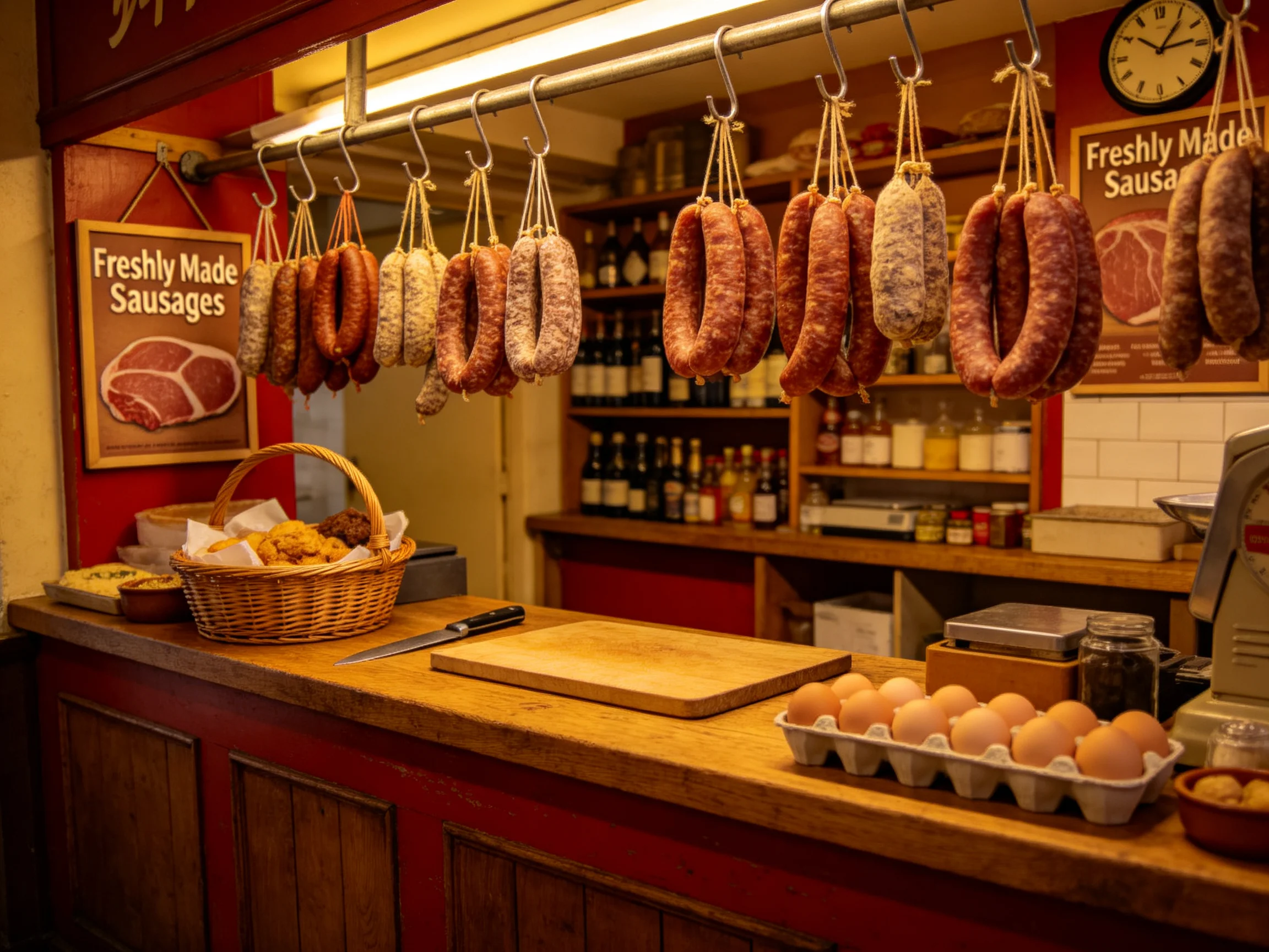 Cozy market stall with hanging sausages, eggs, and baskets