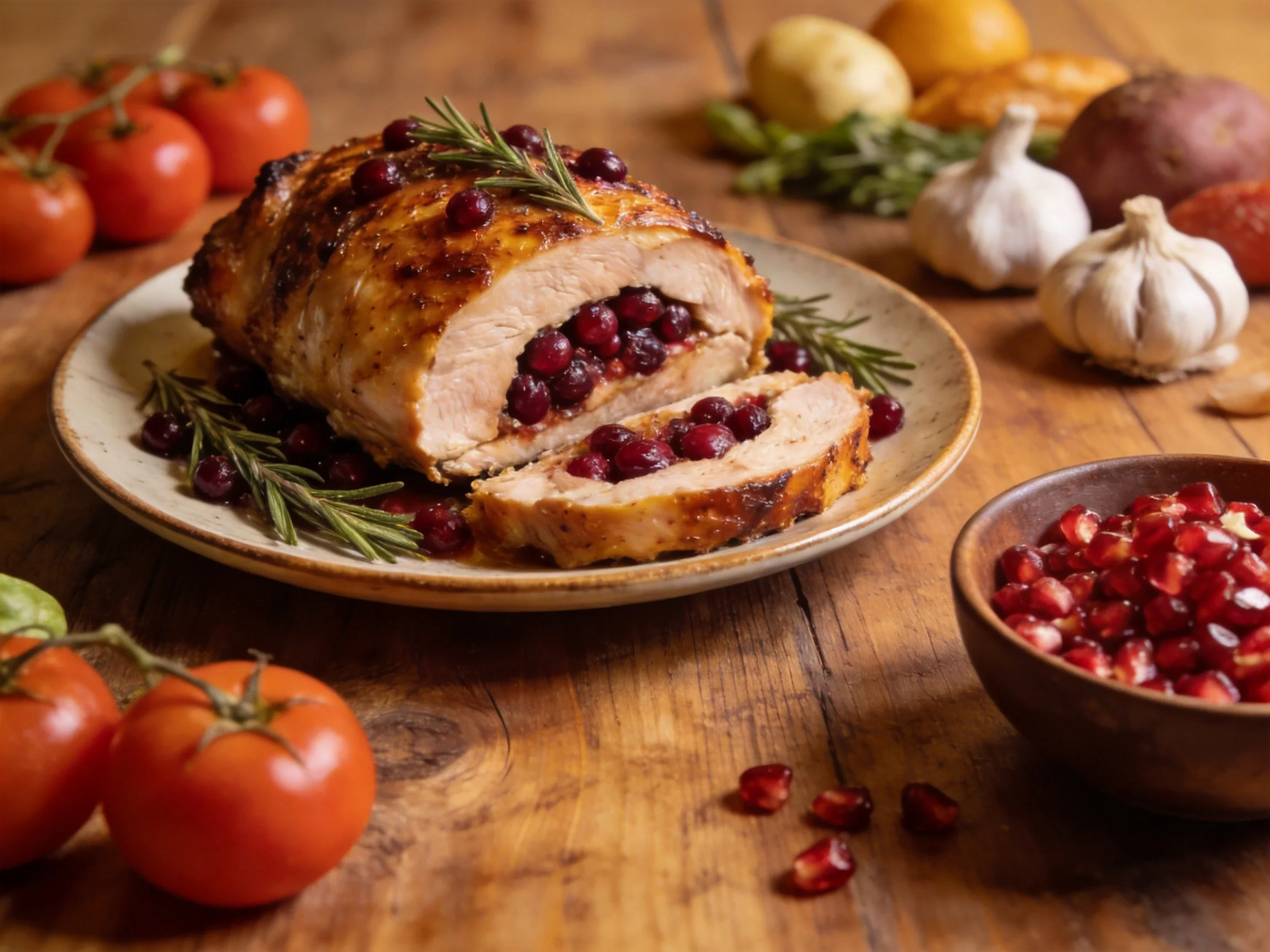 Cranberry-stuffed roasted turkey with fresh vegetables