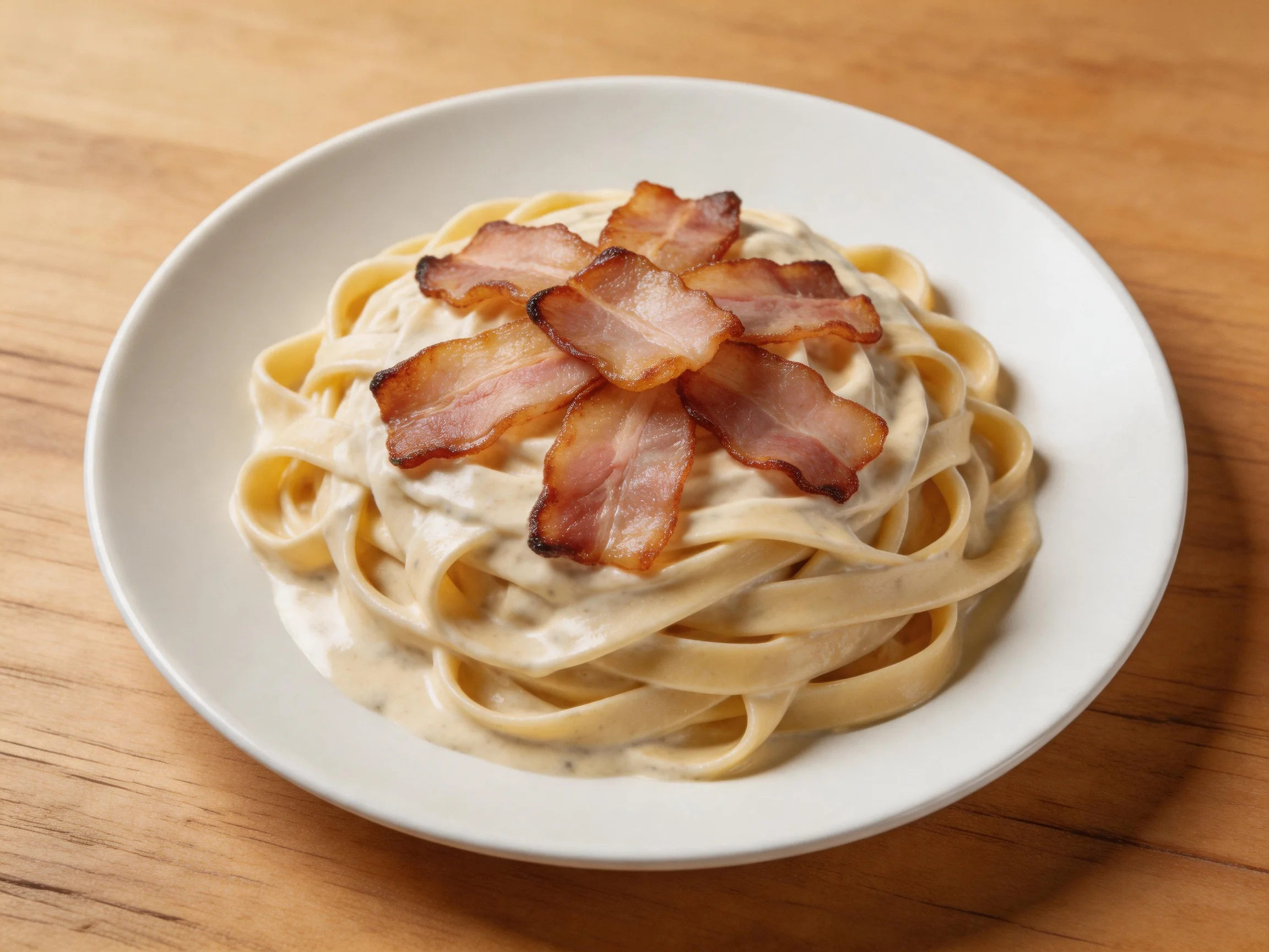 Creamy fettuccine pasta topped with crispy bacon