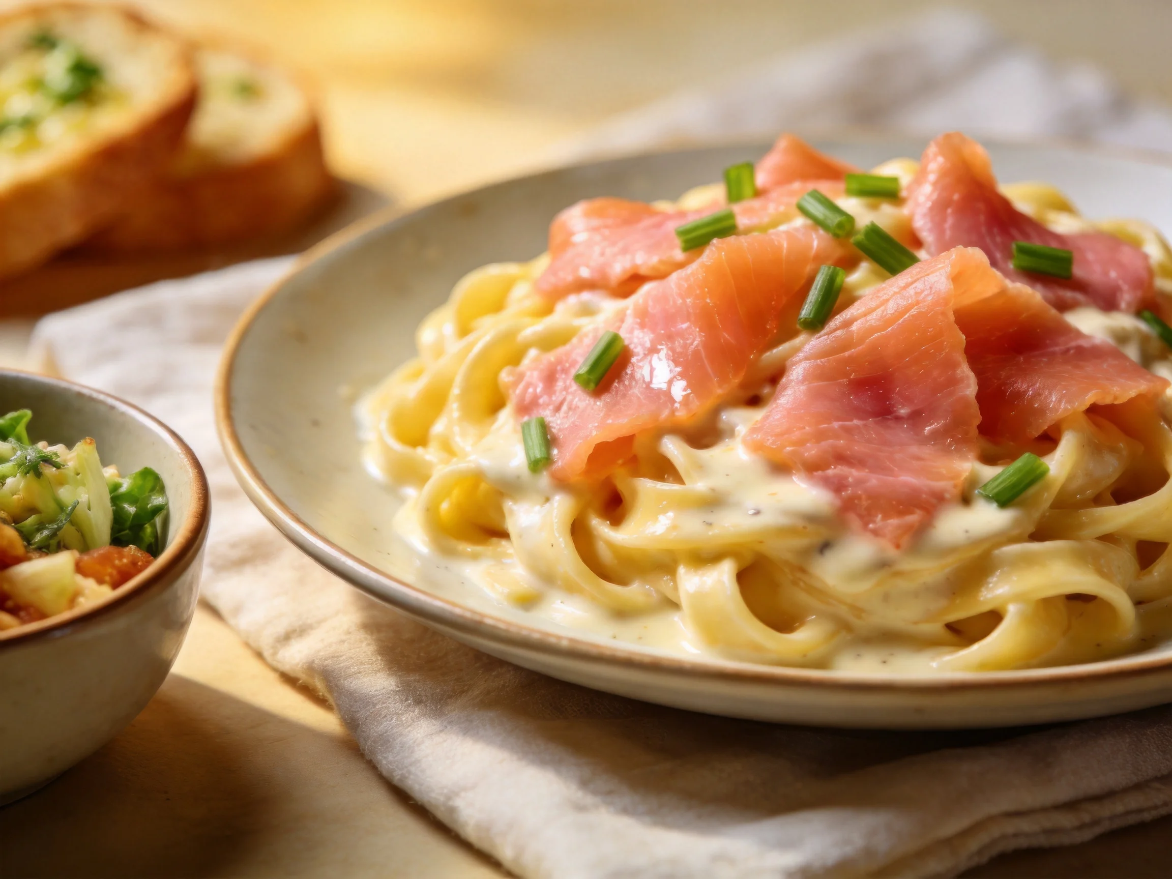 Creamy fettuccine with smoked salmon and chives, served with garlic toast