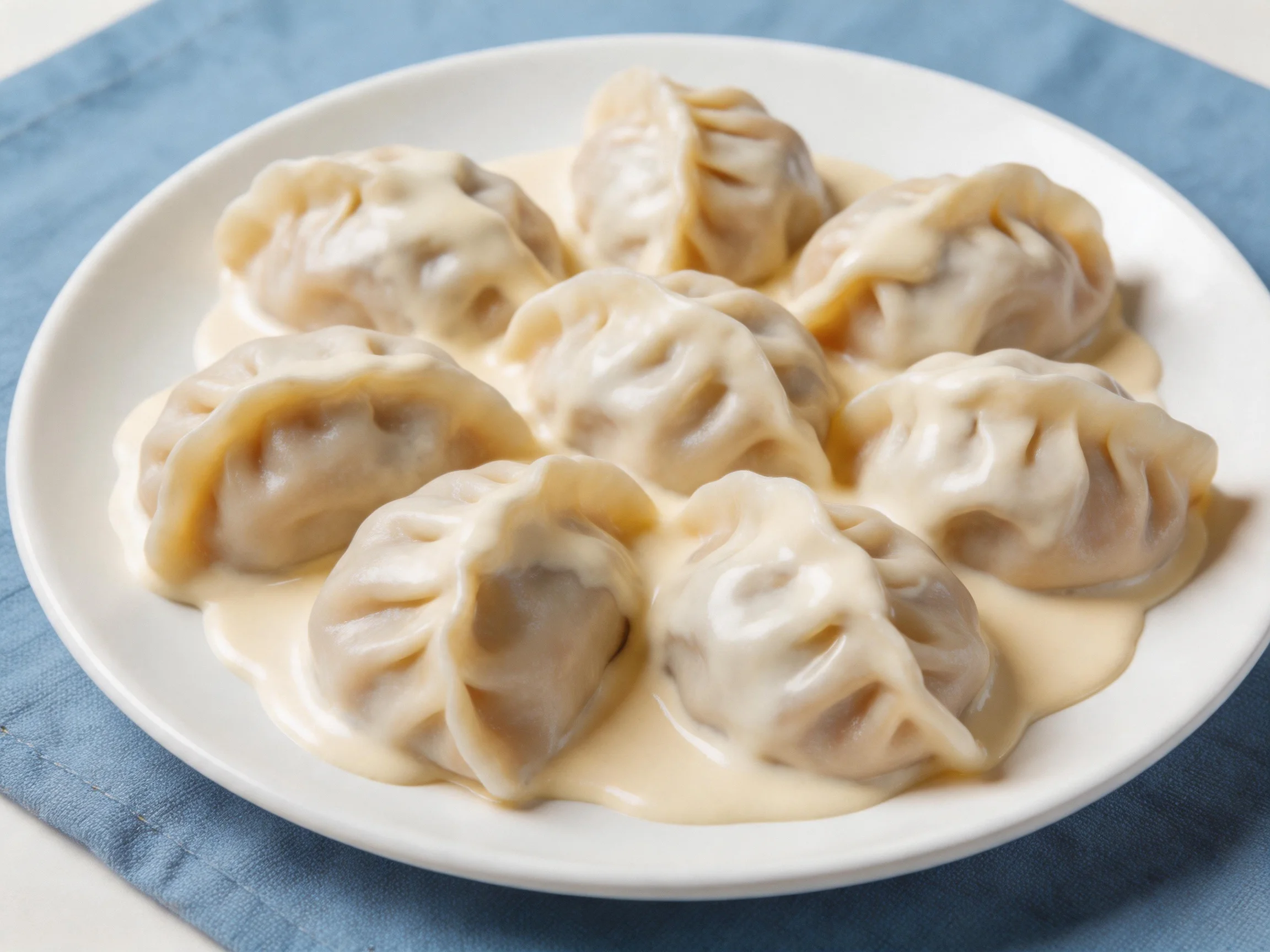 Creamy-topped dumplings arranged on a white plate over a blue cloth