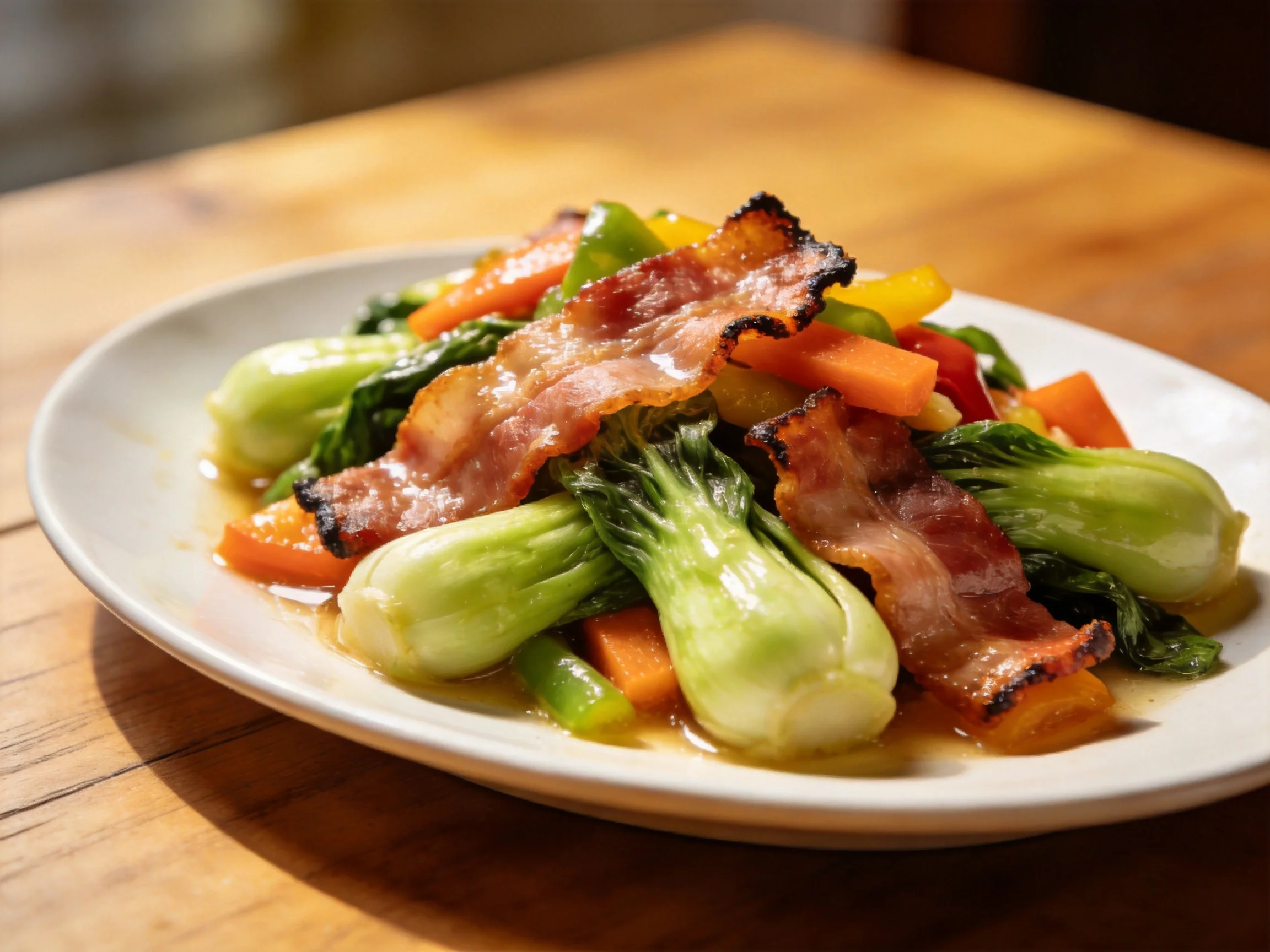 Crispy Bacon with Bok Choy, Carrots, and Peppers