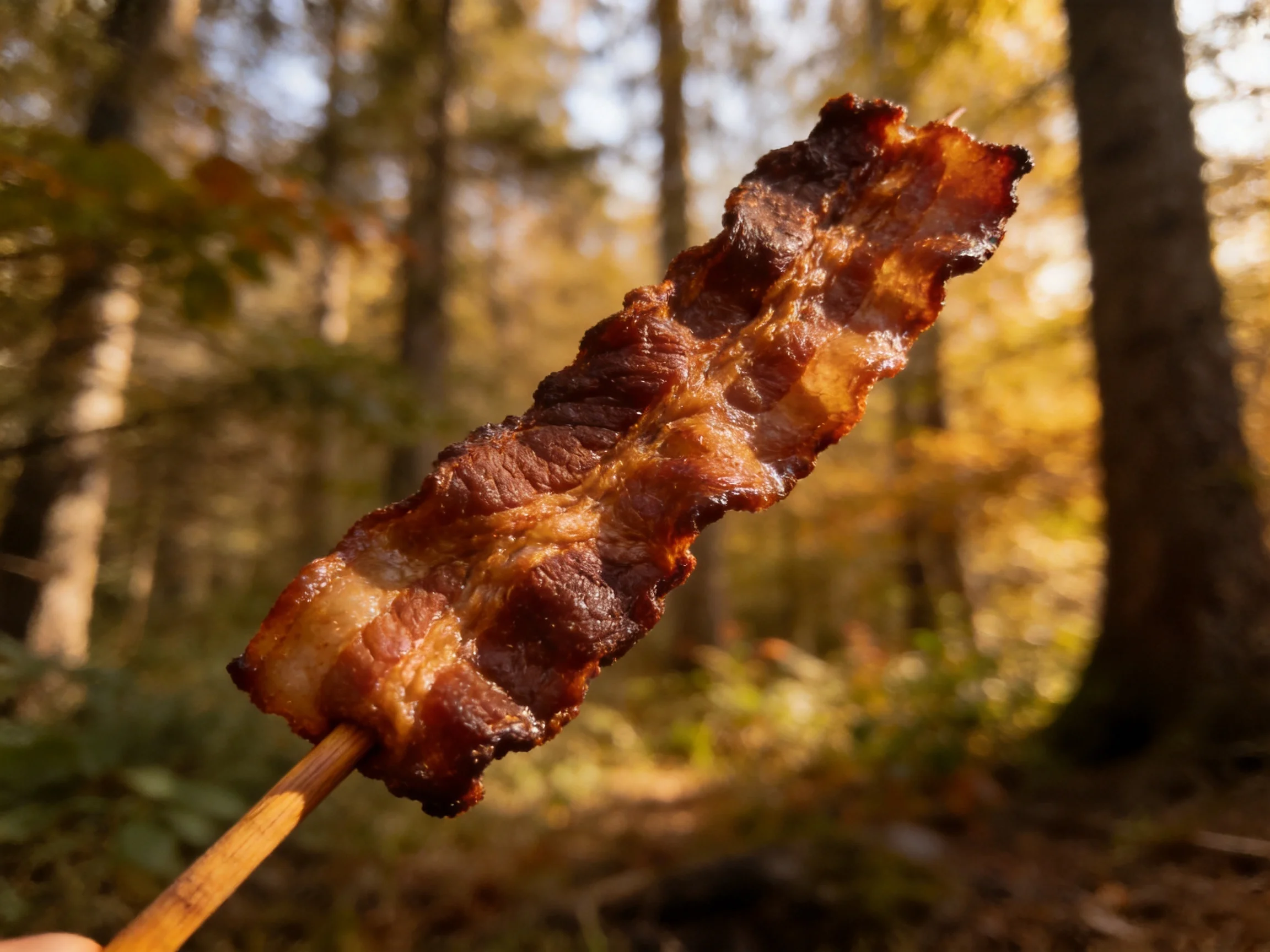 Crispy Brown Bacon Skewer in Sunlit Forest Setting