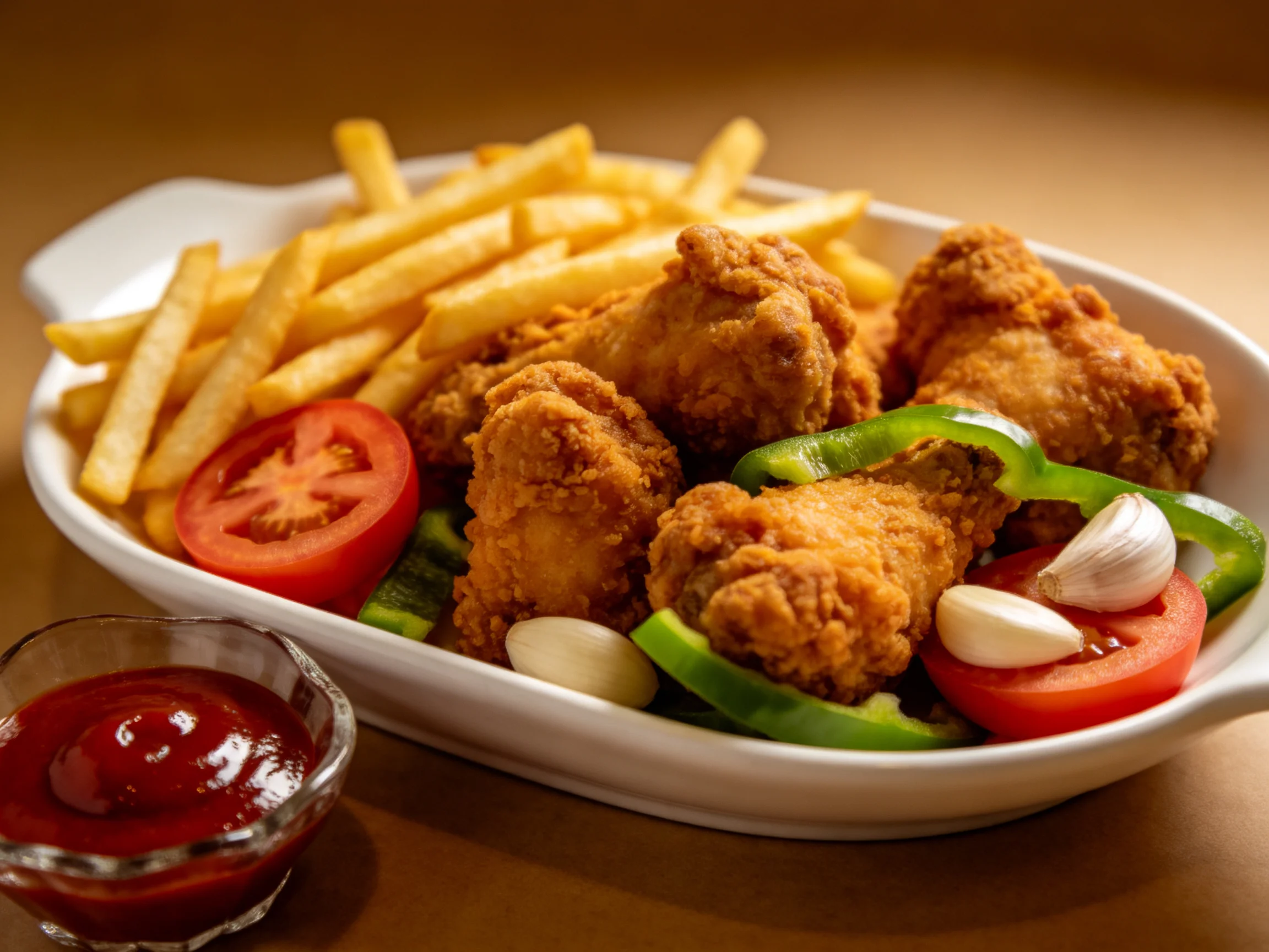 Crispy Fried Chicken, Golden Fries, and Fresh Vegetables with Ketchup