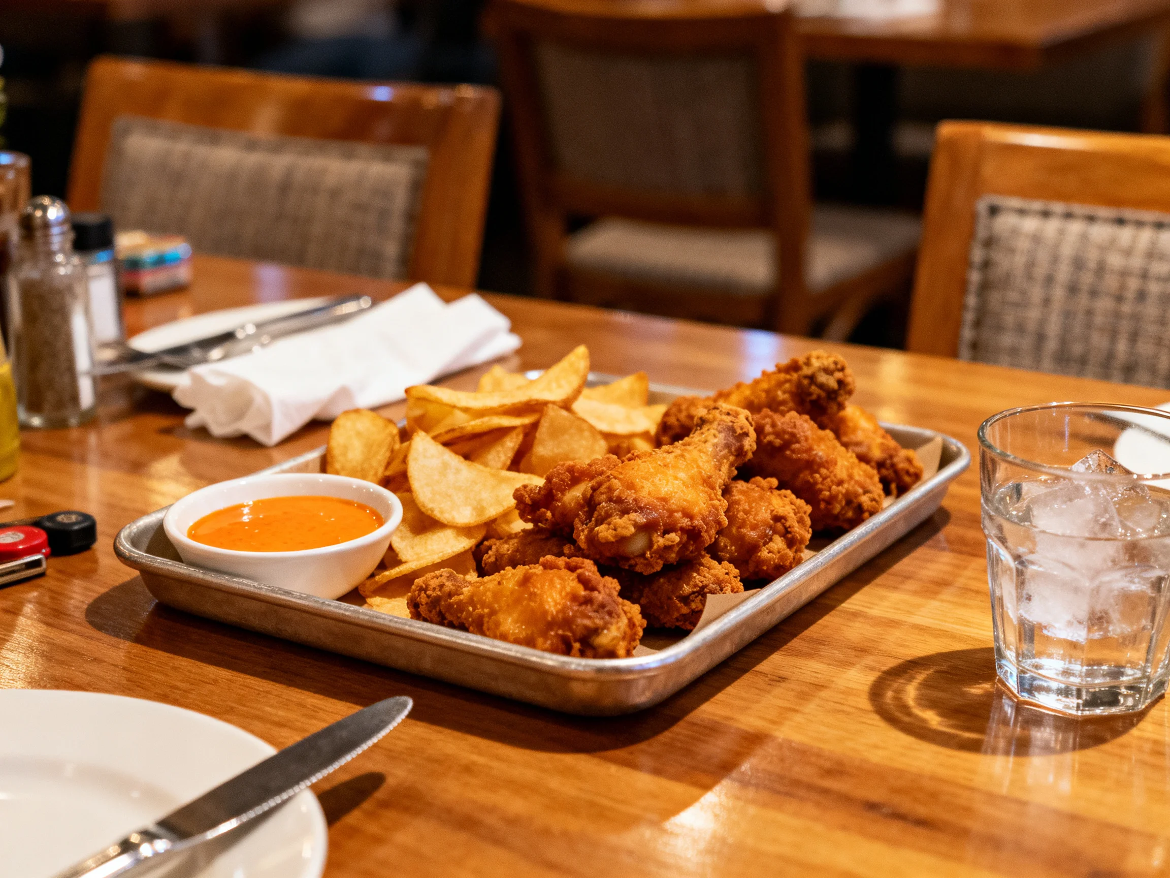 Crispy Fried Chicken Wings with Potato Chips and Orange Sauce