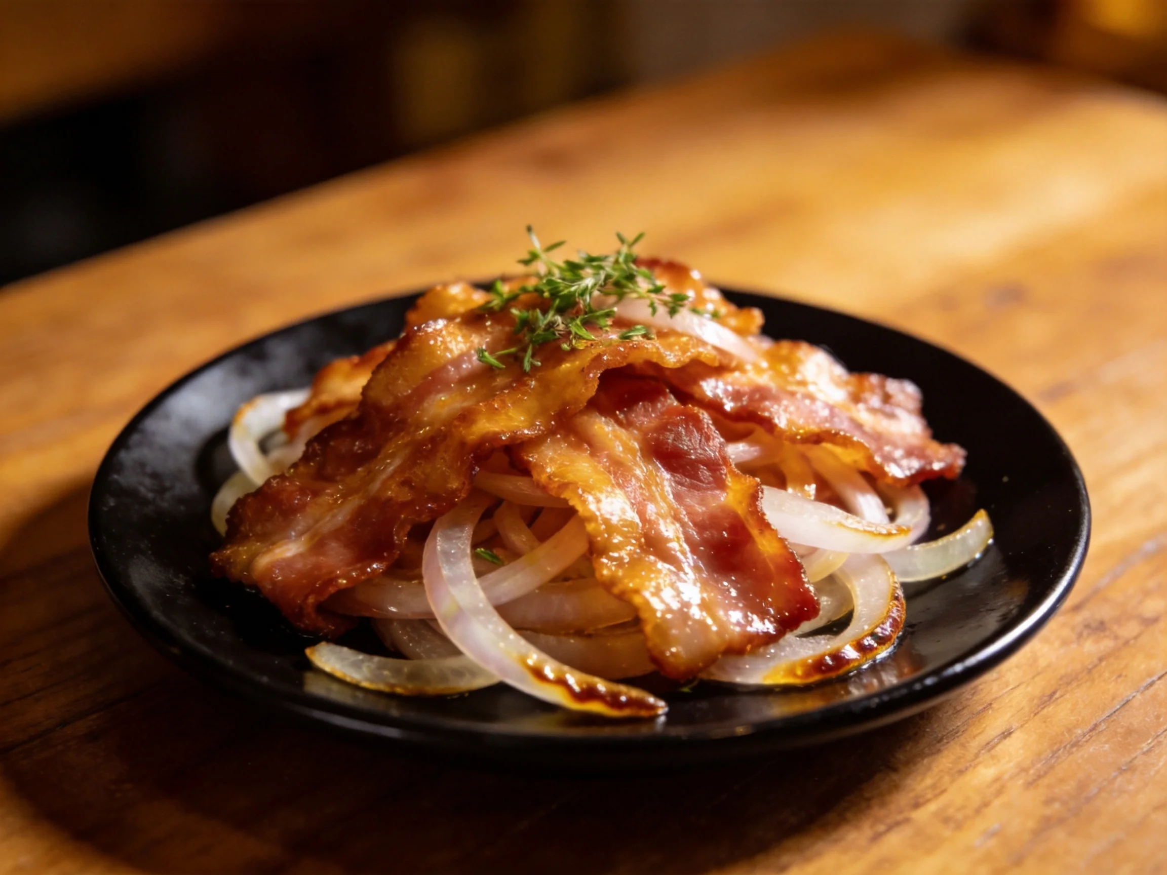 Crispy bacon and caramelized onions garnished with fresh thyme