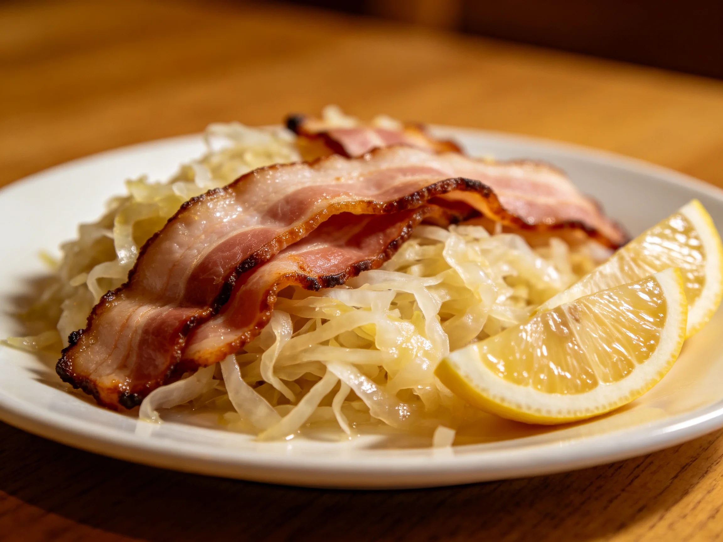 Crispy bacon atop sauerkraut with fresh lemon wedges