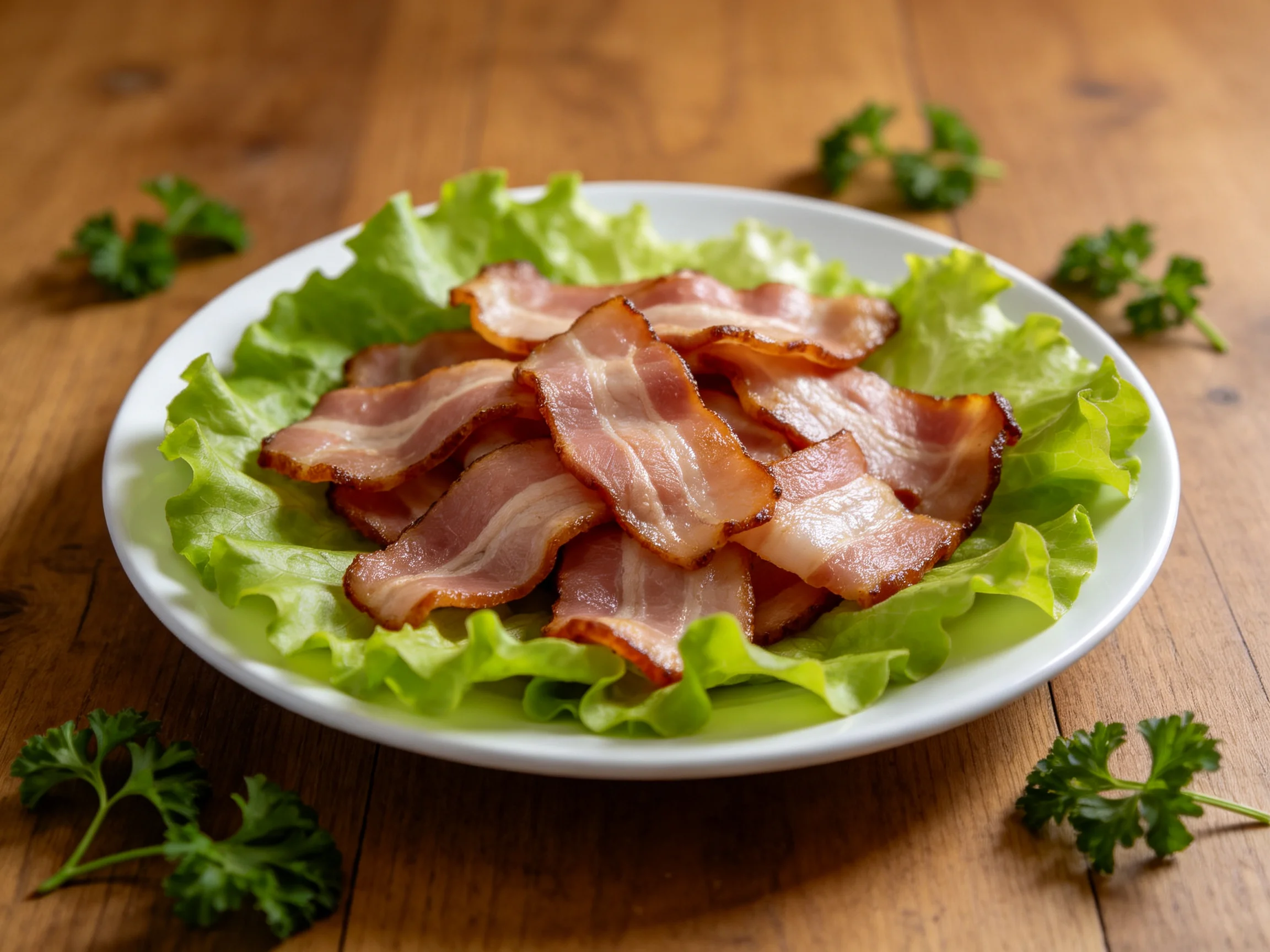 Crispy bacon slices served on fresh green lettuce in a white dish