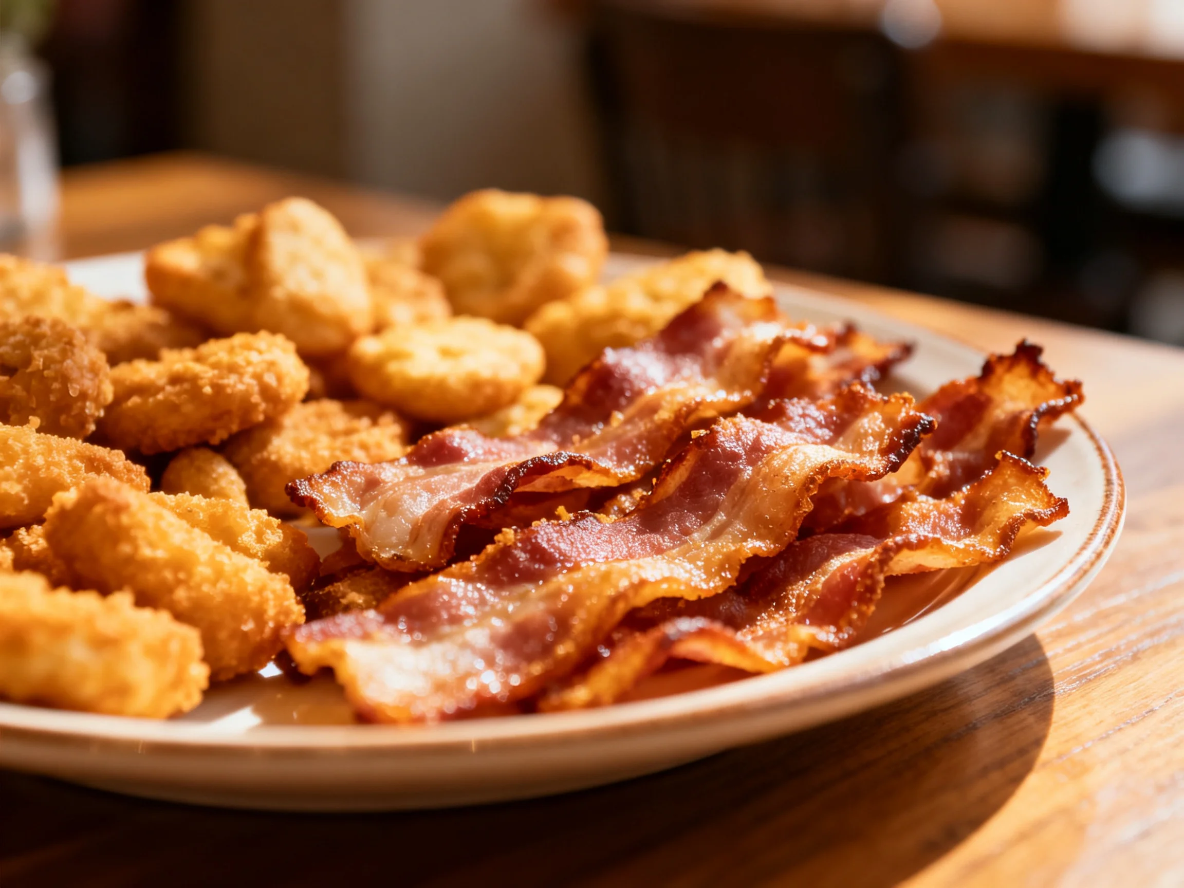 A plate holds crispy bacon and golden chicken nuggets.