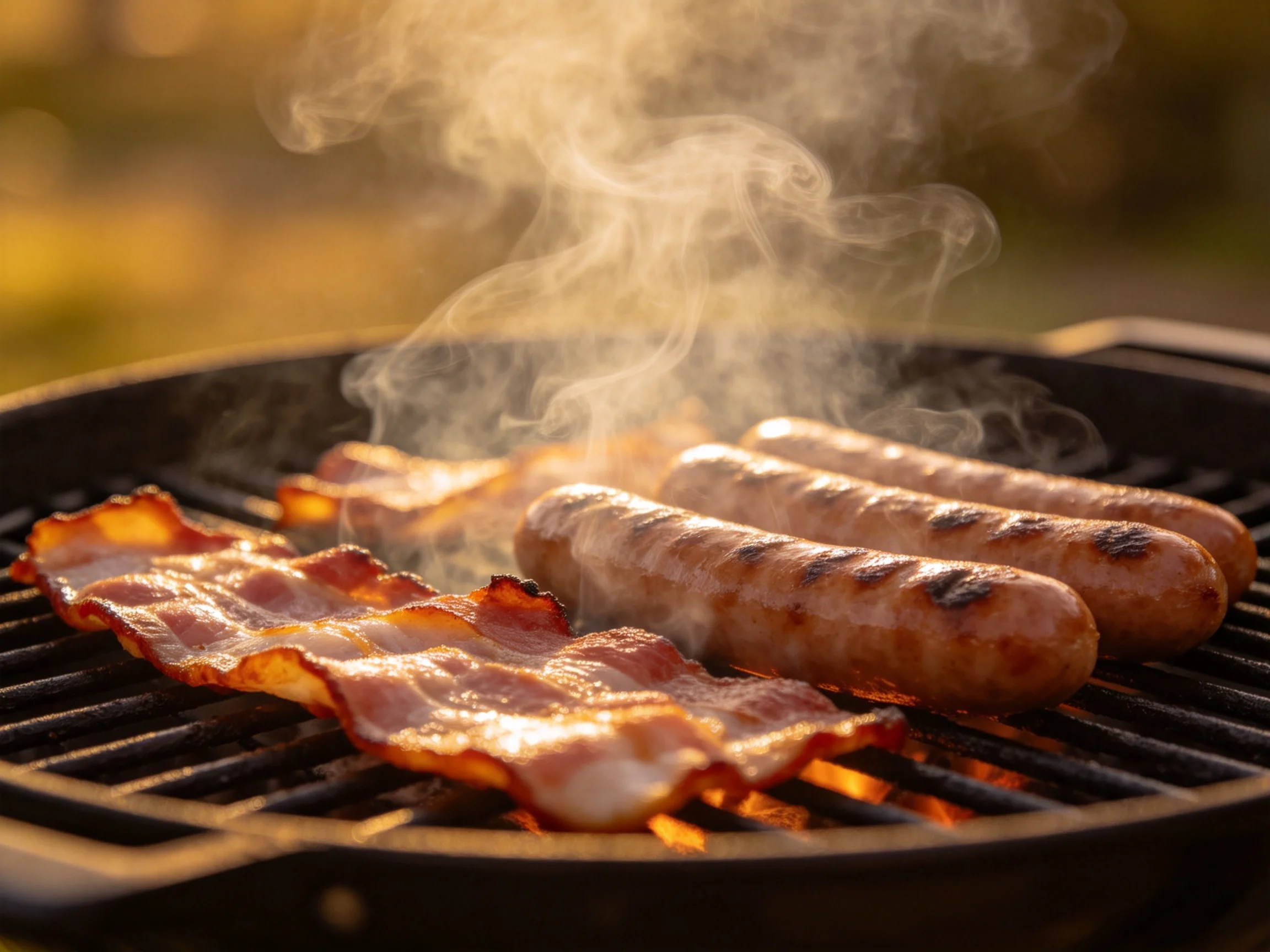 Crispy bacon strips and grilled sausages on a black outdoor grill with rising smoke