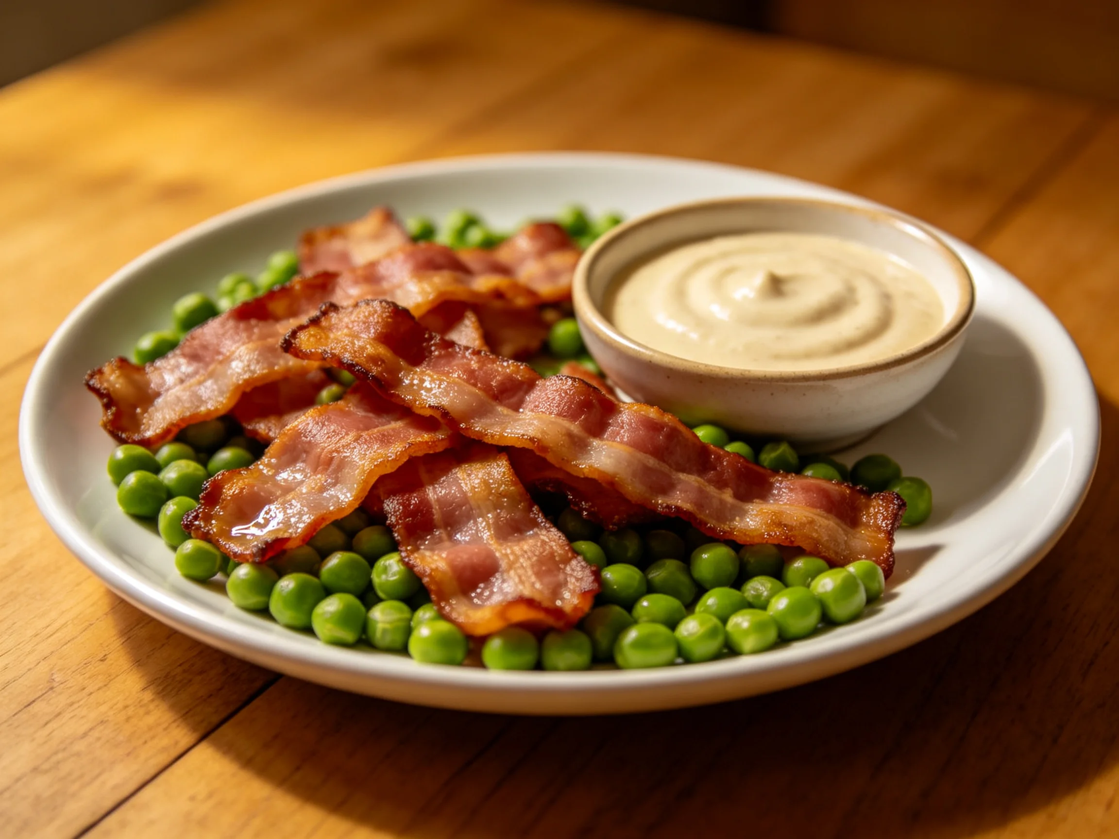 Crispy bacon strips atop fresh green peas with creamy sauce