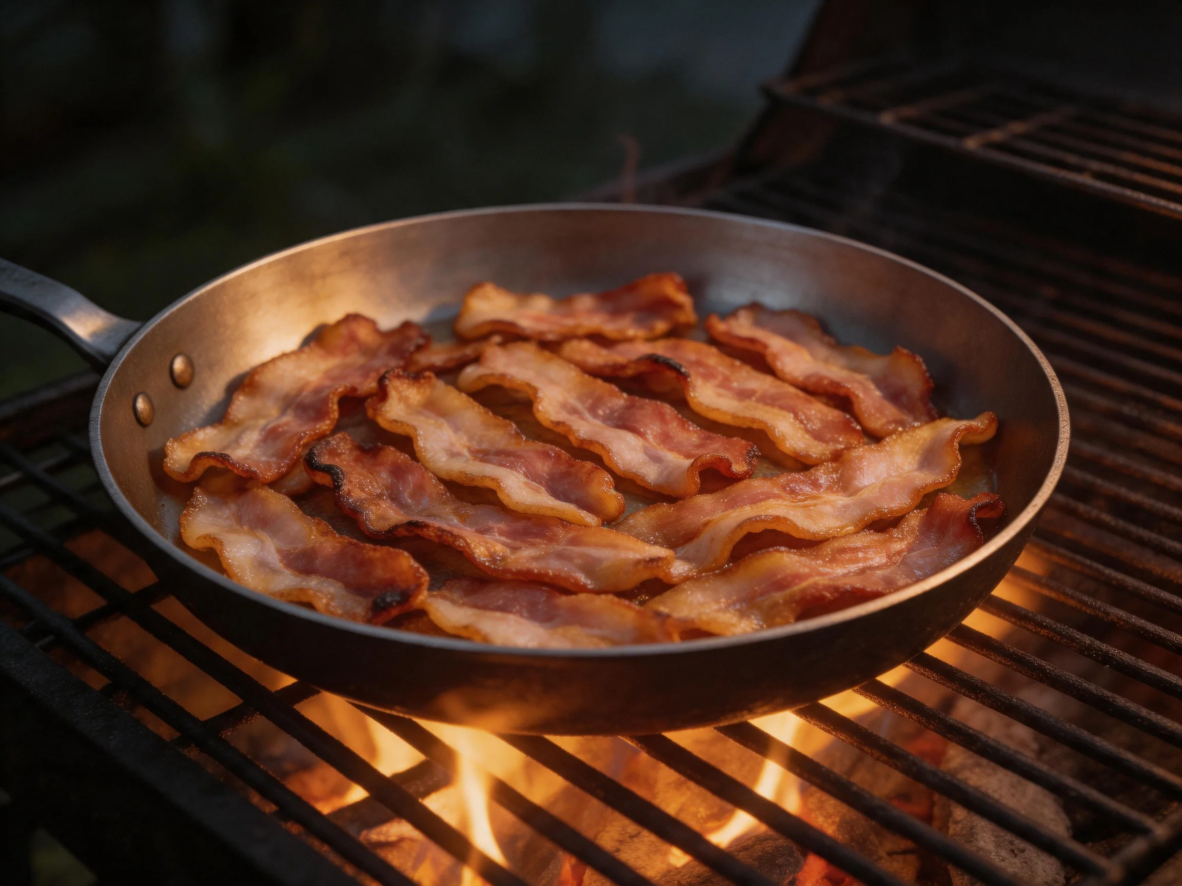 Crispy bacon strips cooking in a pan over a flaming outdoor grill