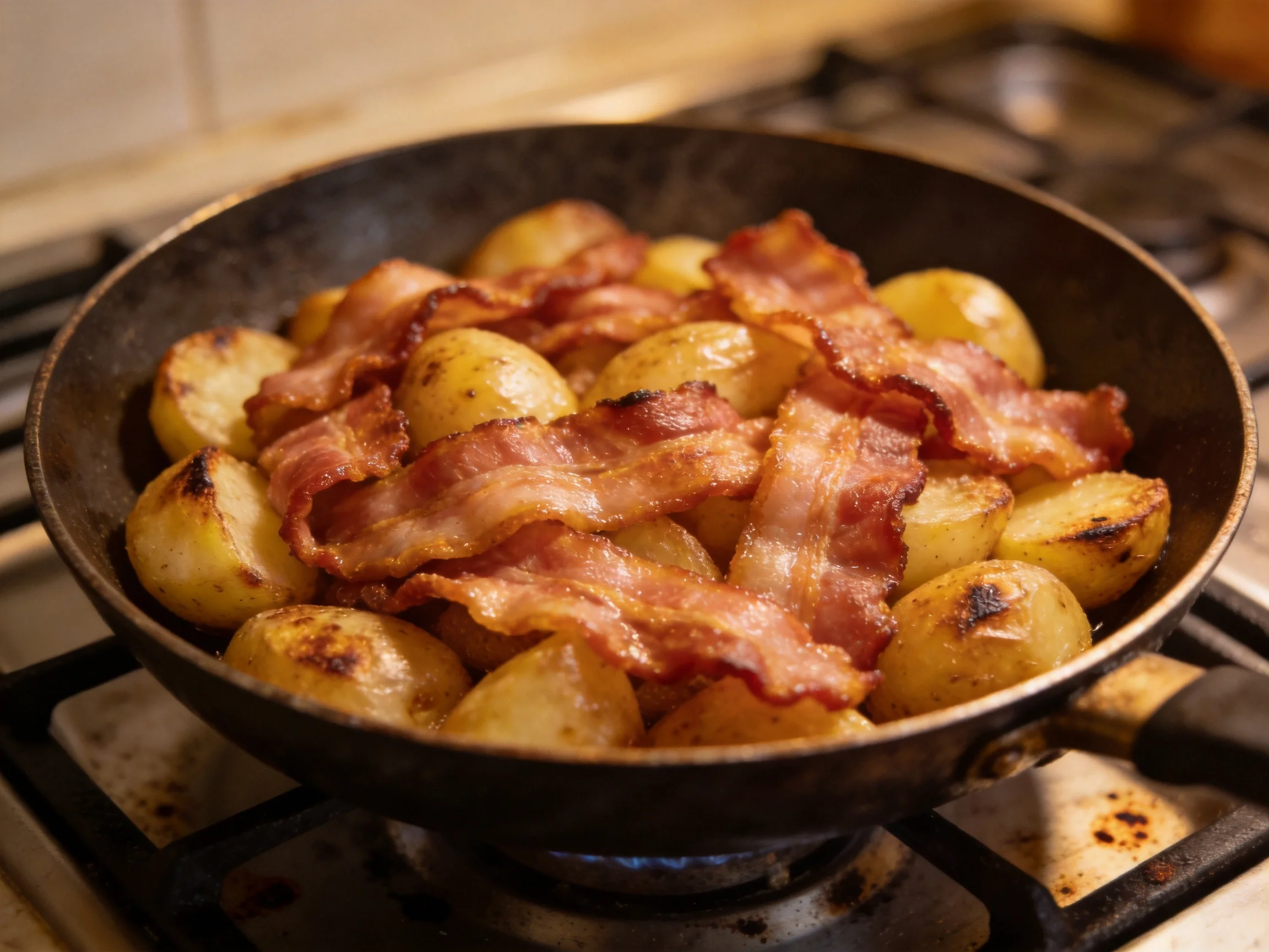 Crispy bacon strips cooking with golden-brown potatoes in a black skillet