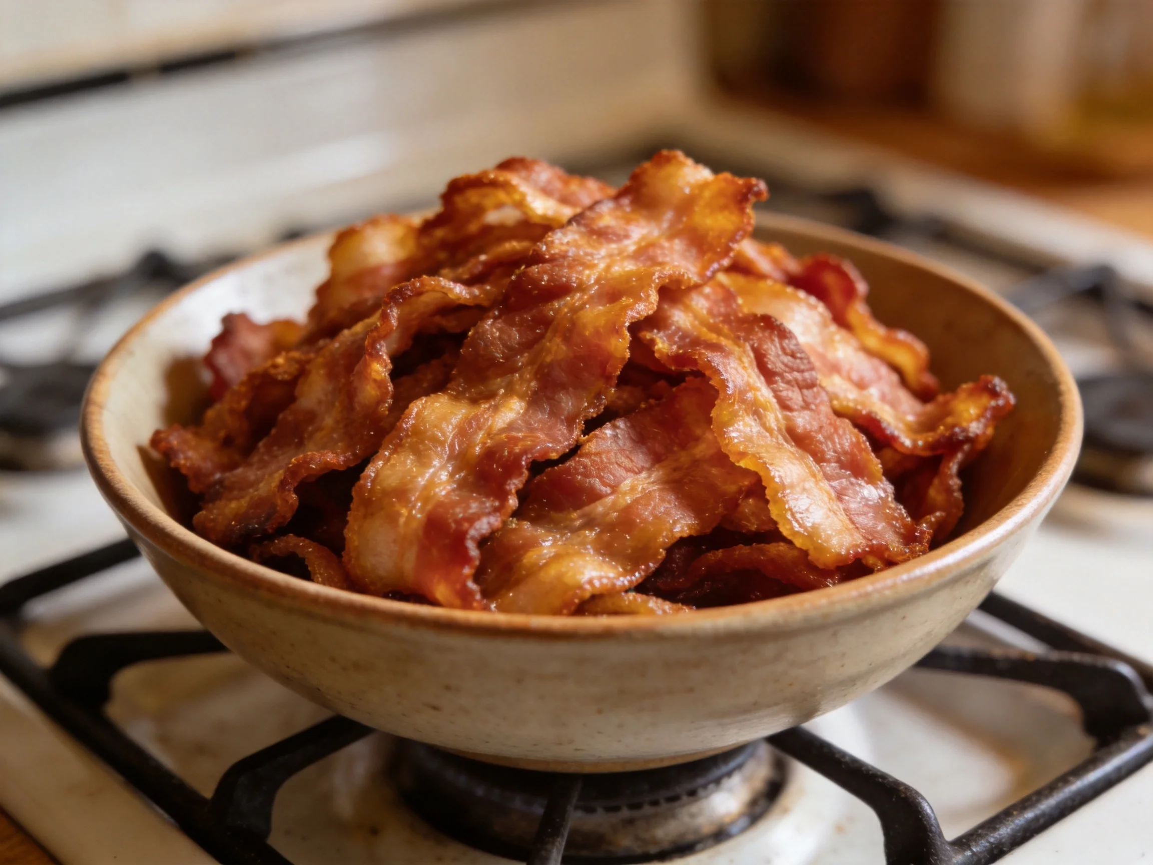 Crispy bacon strips in a beige bowl on a gas stove