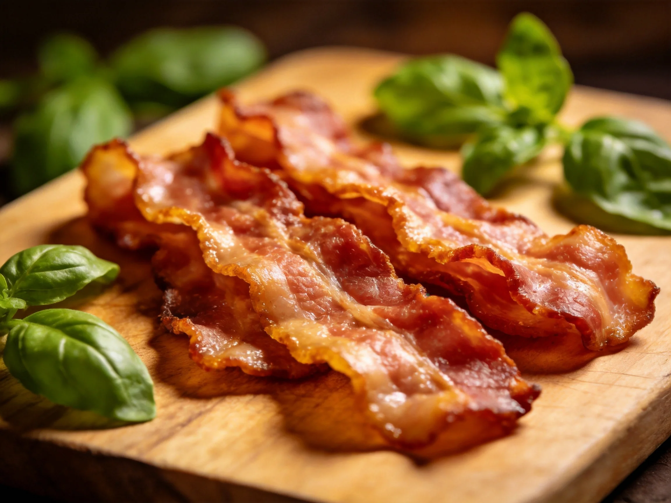 Crispy bacon strips on a wooden board with fresh green basil