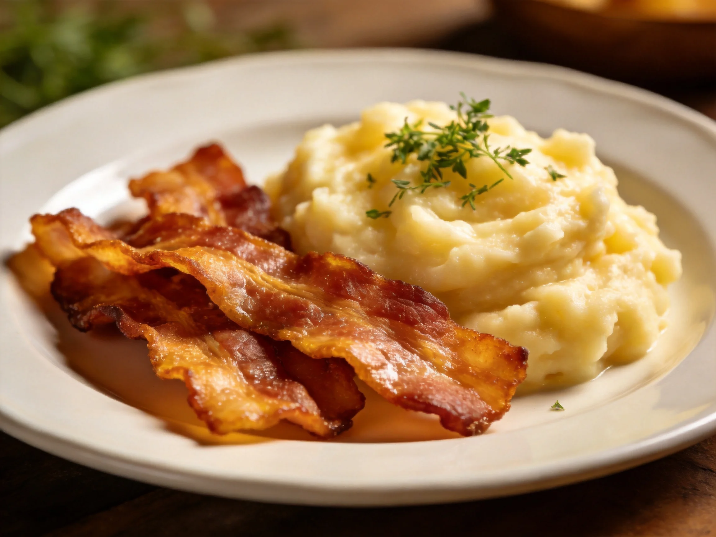 Crispy bacon strips served with creamy mashed potatoes on a white plate