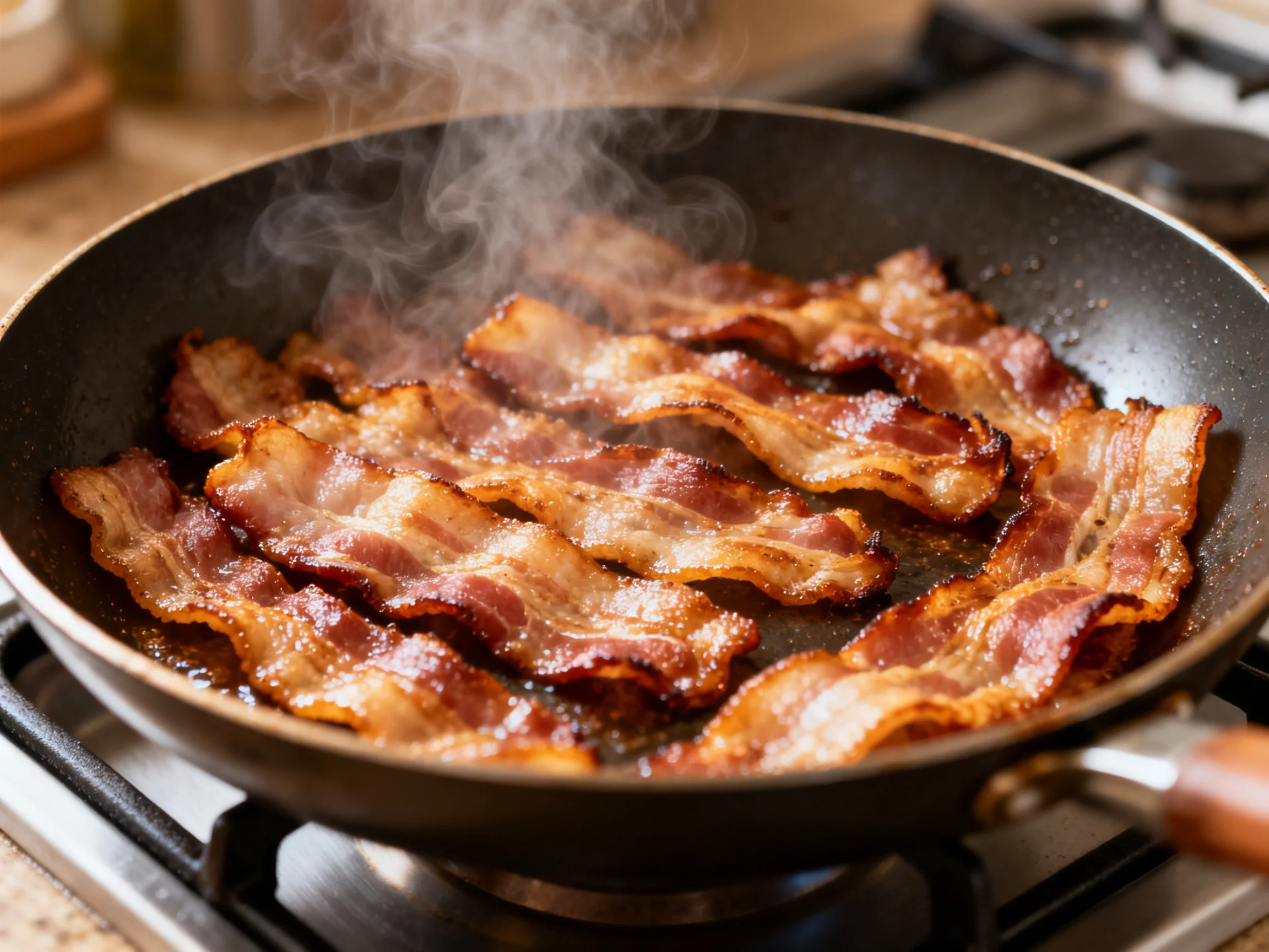 Crispy bacon strips cook in a black skillet over a stove.