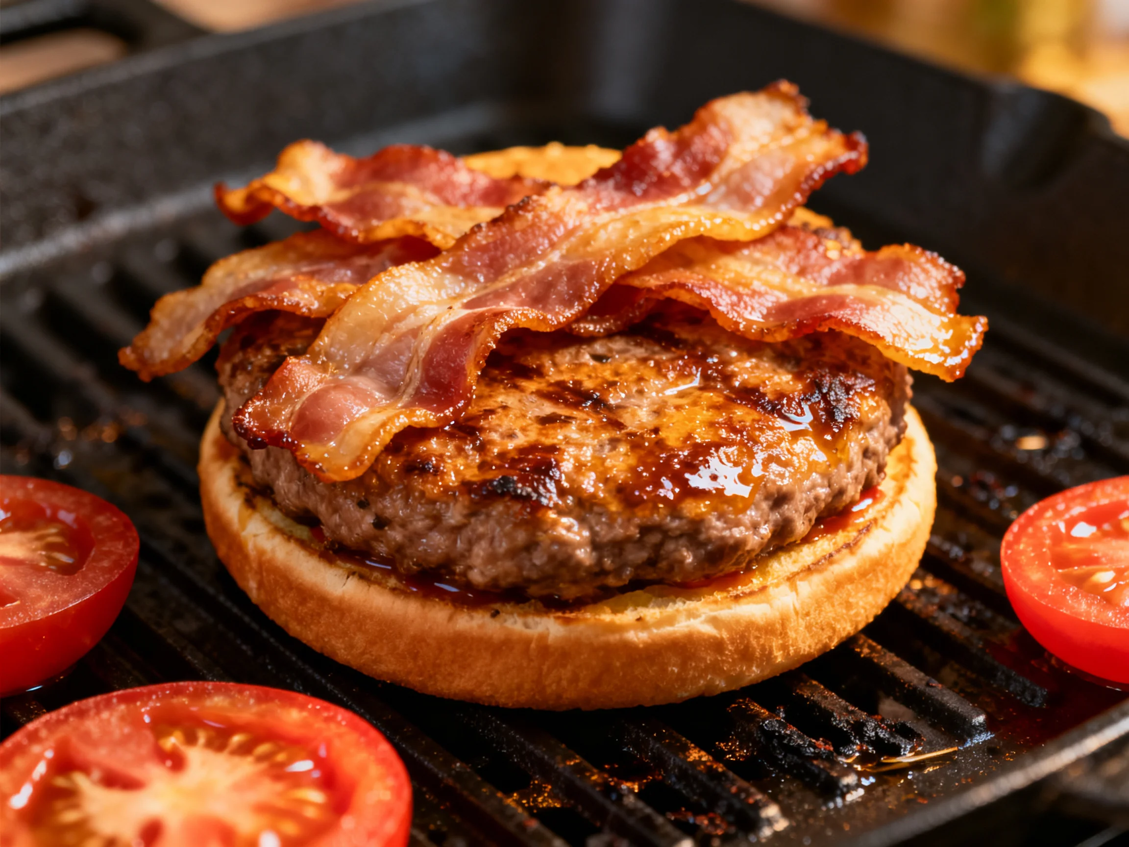 Crispy bacon-topped burger grilling with fresh tomato slices
