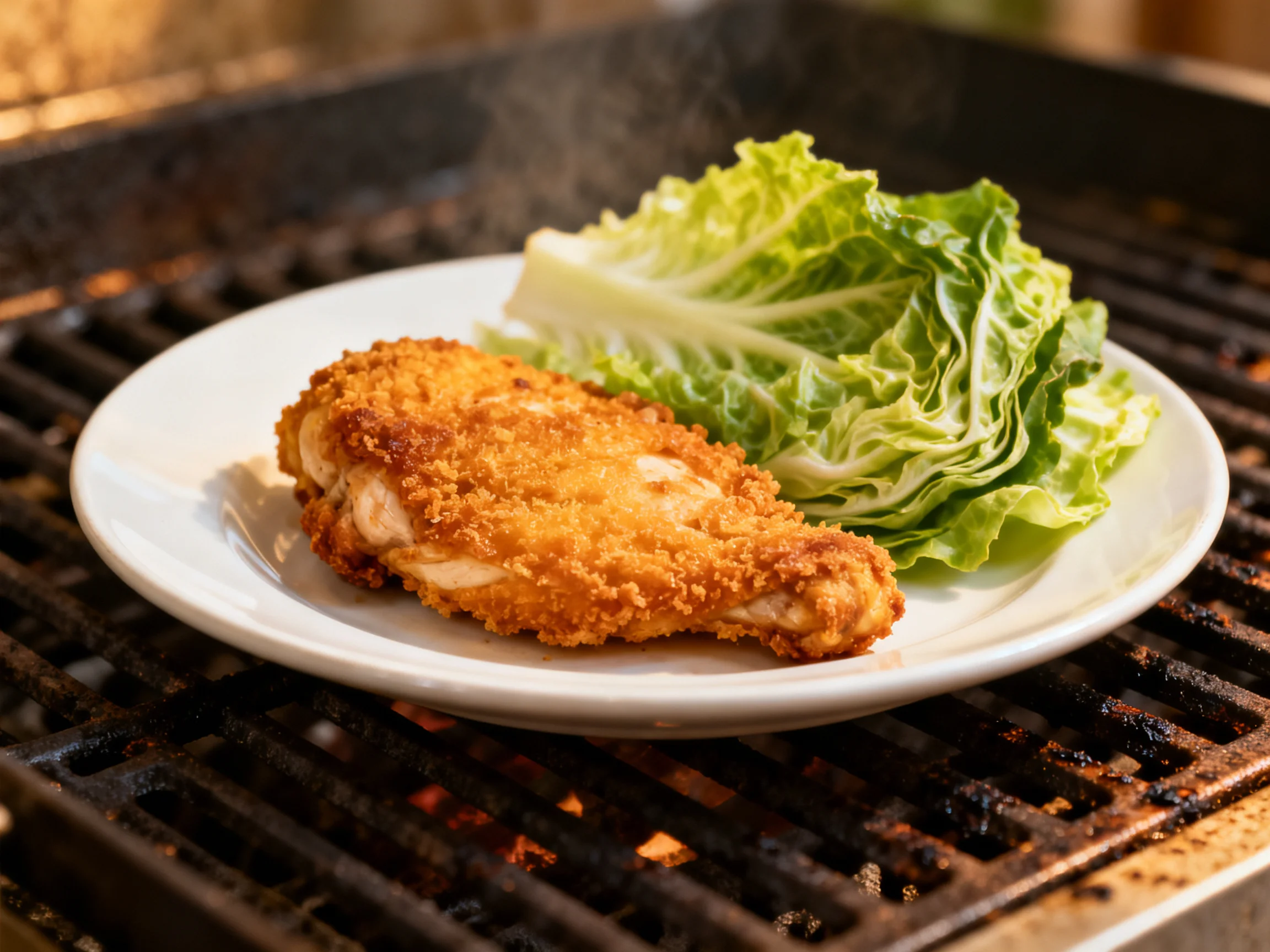 Crispy breaded chicken and fresh green lettuce on a white plate atop a grill