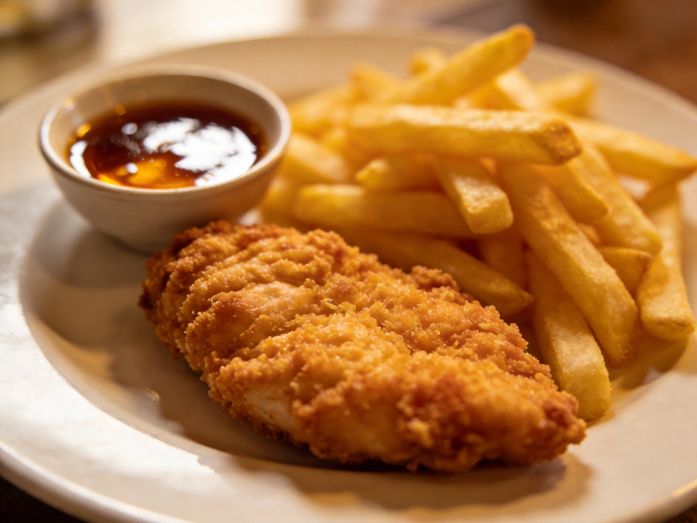 Crispy breaded chicken fillet with golden French fries and brown sauce