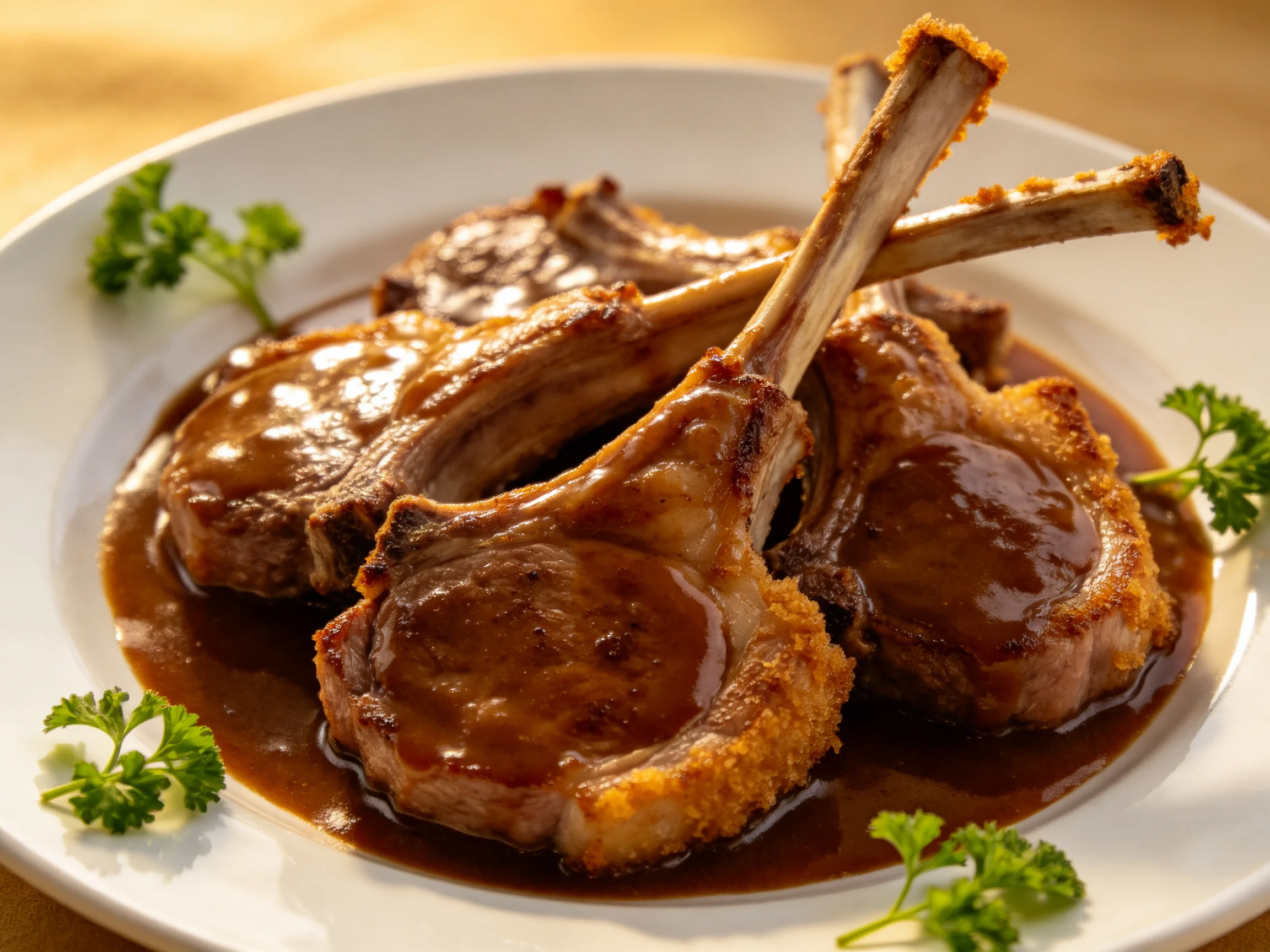 Crispy breaded lamb chops served with rich brown sauce on a white plate