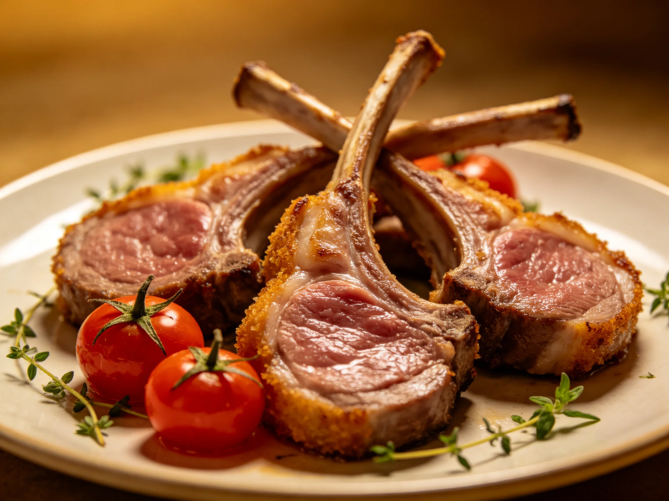 Crispy breaded lamb chops with vibrant cherry tomatoes and fresh herbs