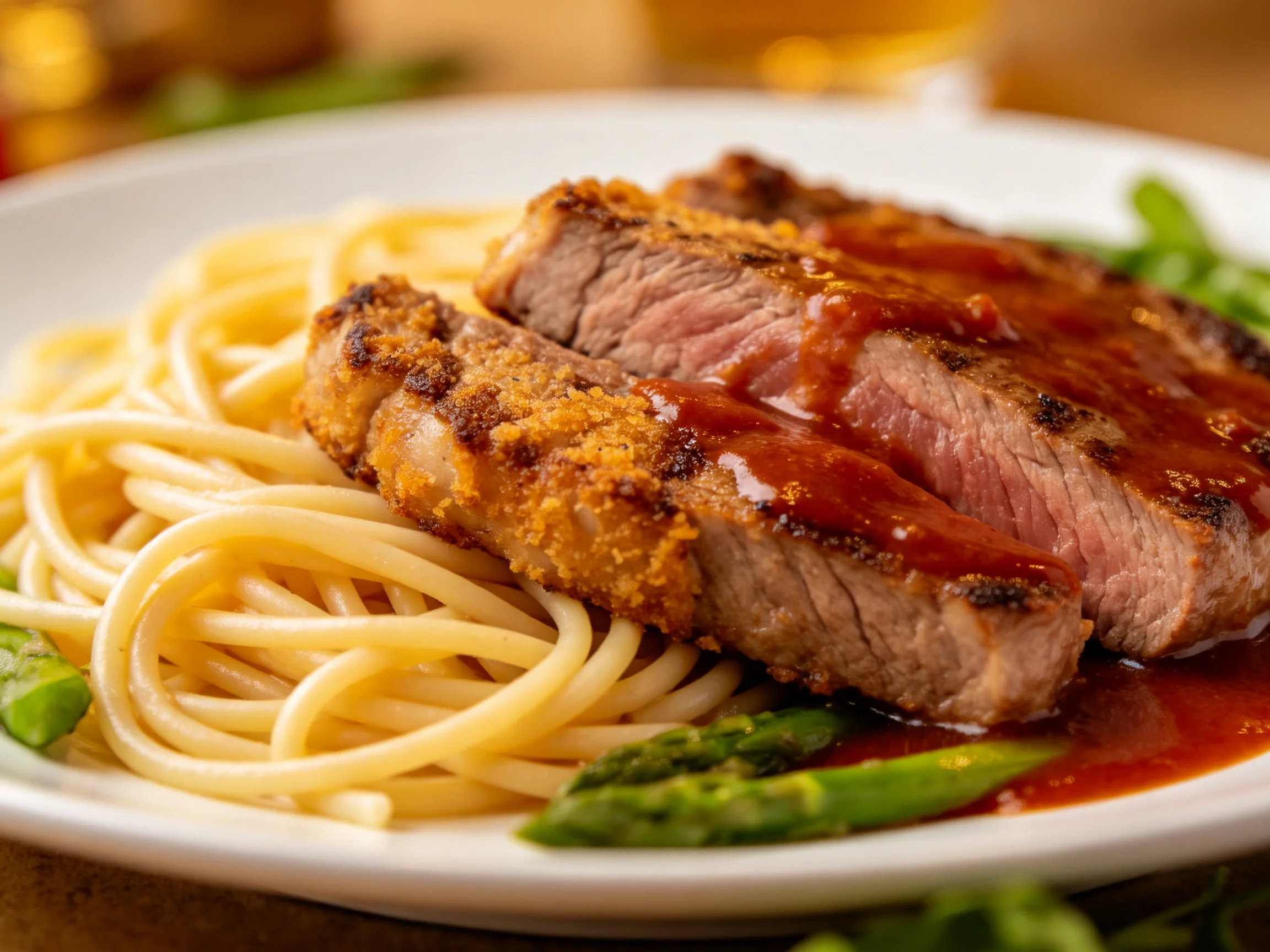 Crispy breaded steak slices served over spaghetti with red sauce and asparagus