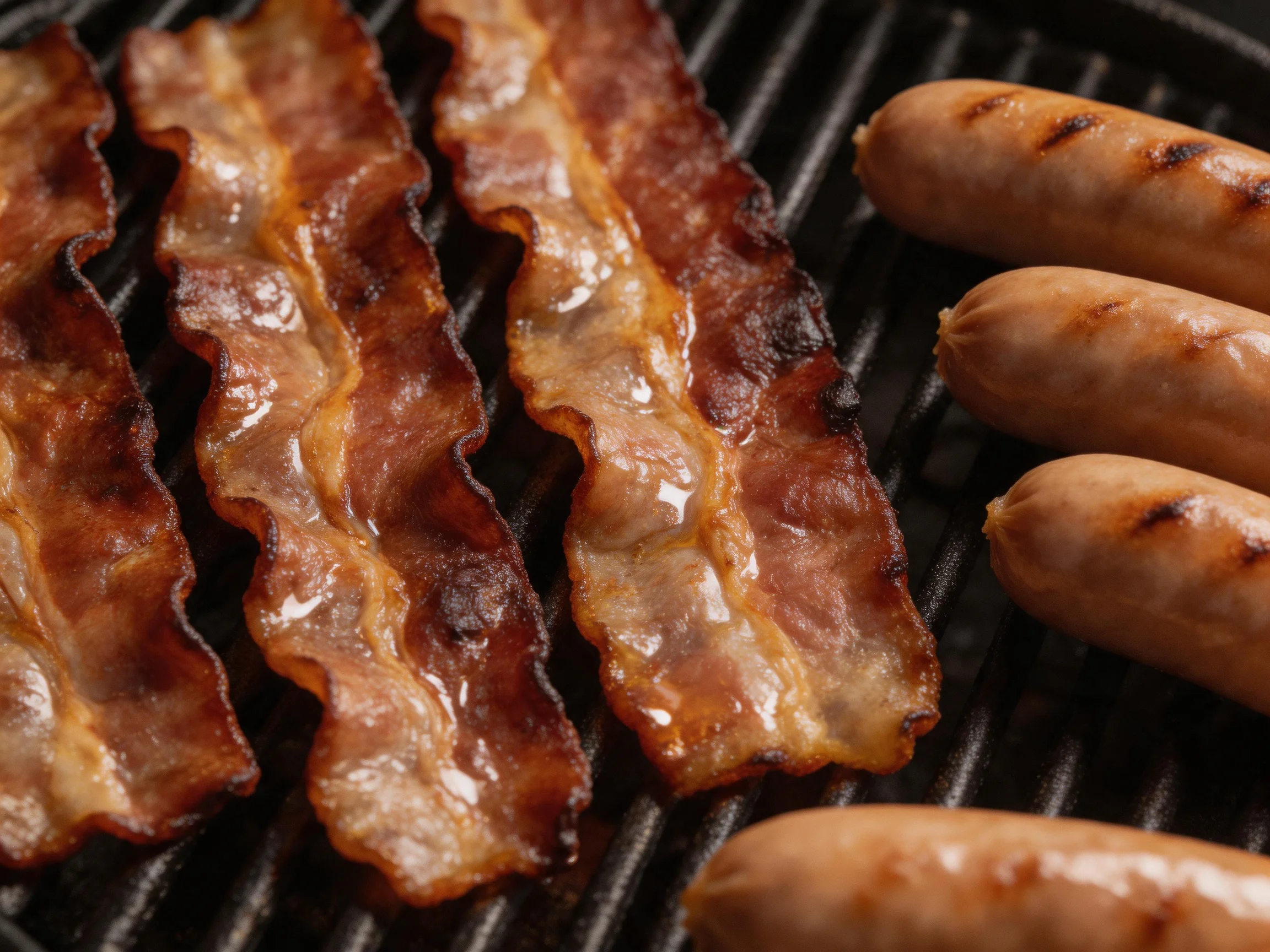 Crispy brown bacon strips and grilled sausages on a black grill