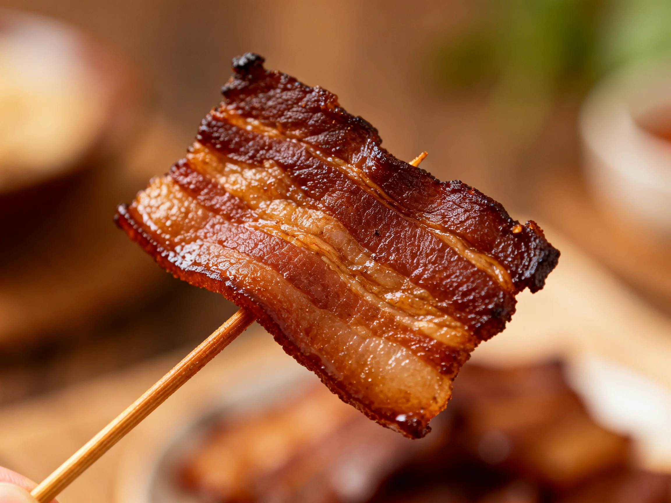 Crispy caramelized brown bacon strip held on a wooden skewer