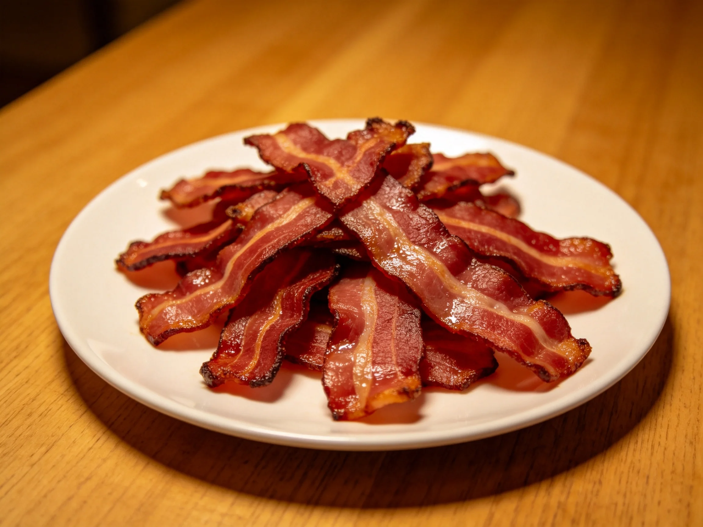 Crispy cooked bacon strips arranged on a white plate