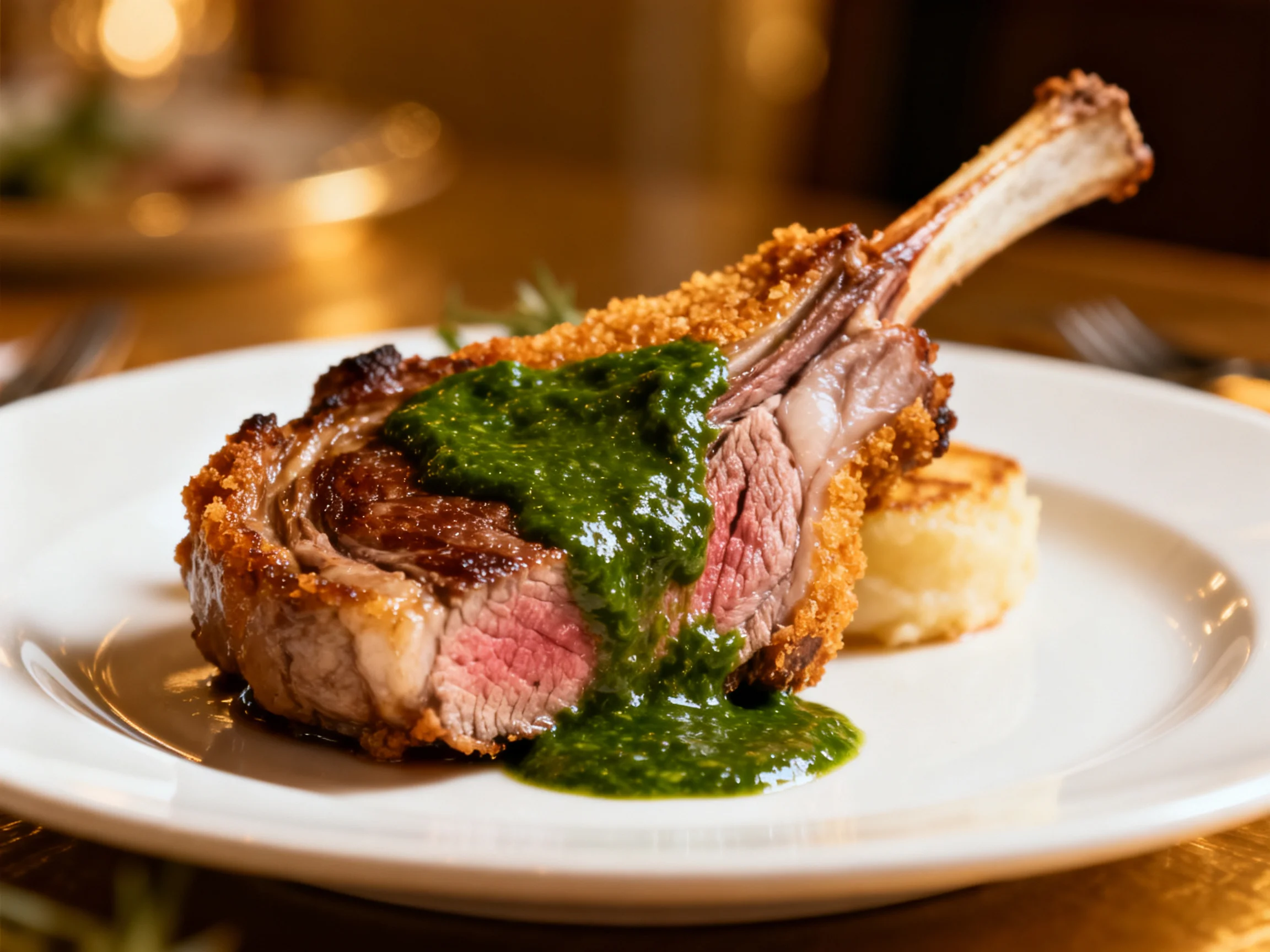 Crispy-crusted lamb chop with vibrant green sauce on white plate